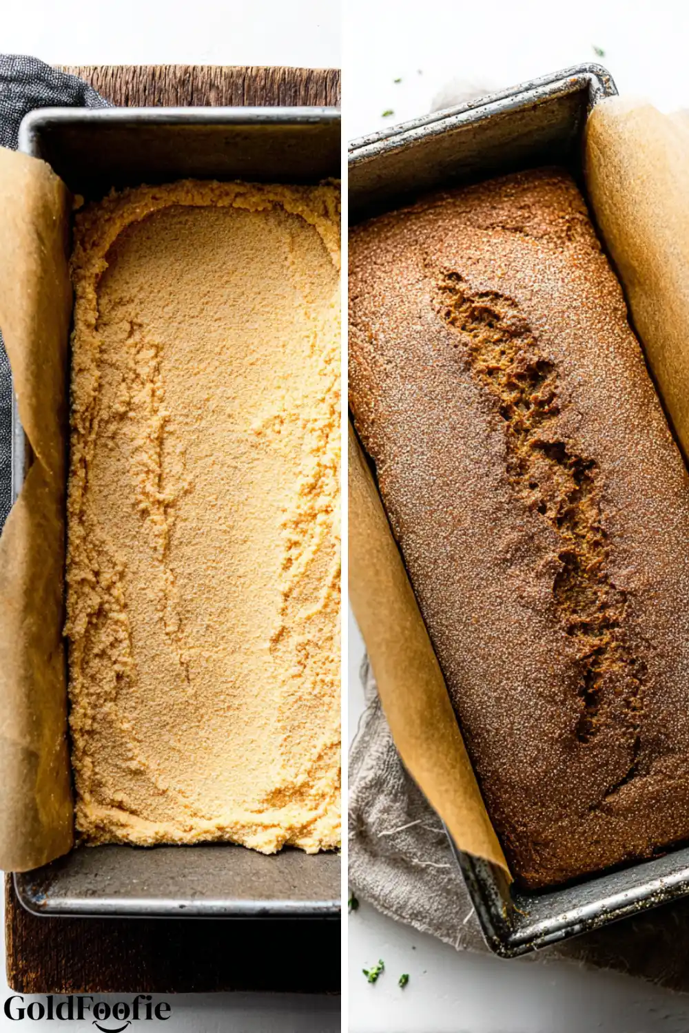 Keto Bread Before & After Split image of low-carb bread dough in a loaf pan before and after baking.