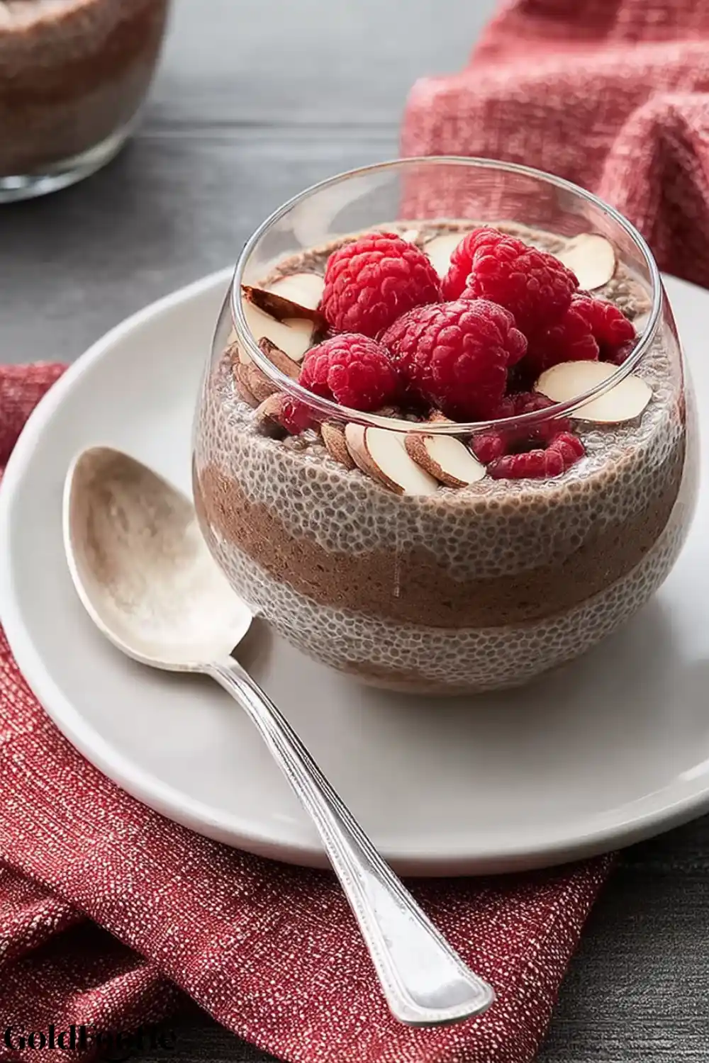 High-Protein Cocoa Chia Seed Pudding 5 Layered chia pudding with cocoa and raspberries