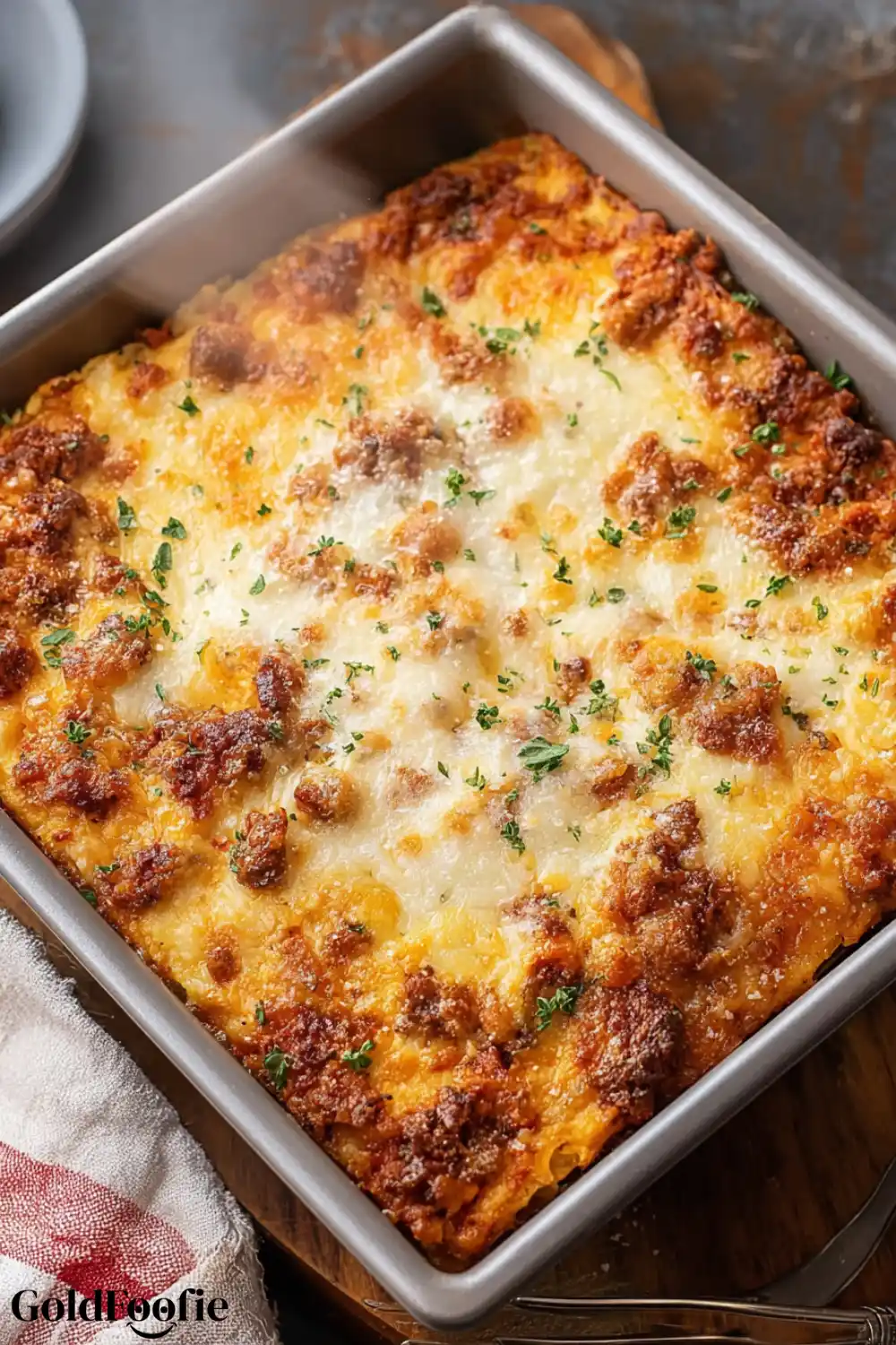Low Carb Tortilla Lasagna Fresh from Oven Whole low carb tortilla lasagna baked golden