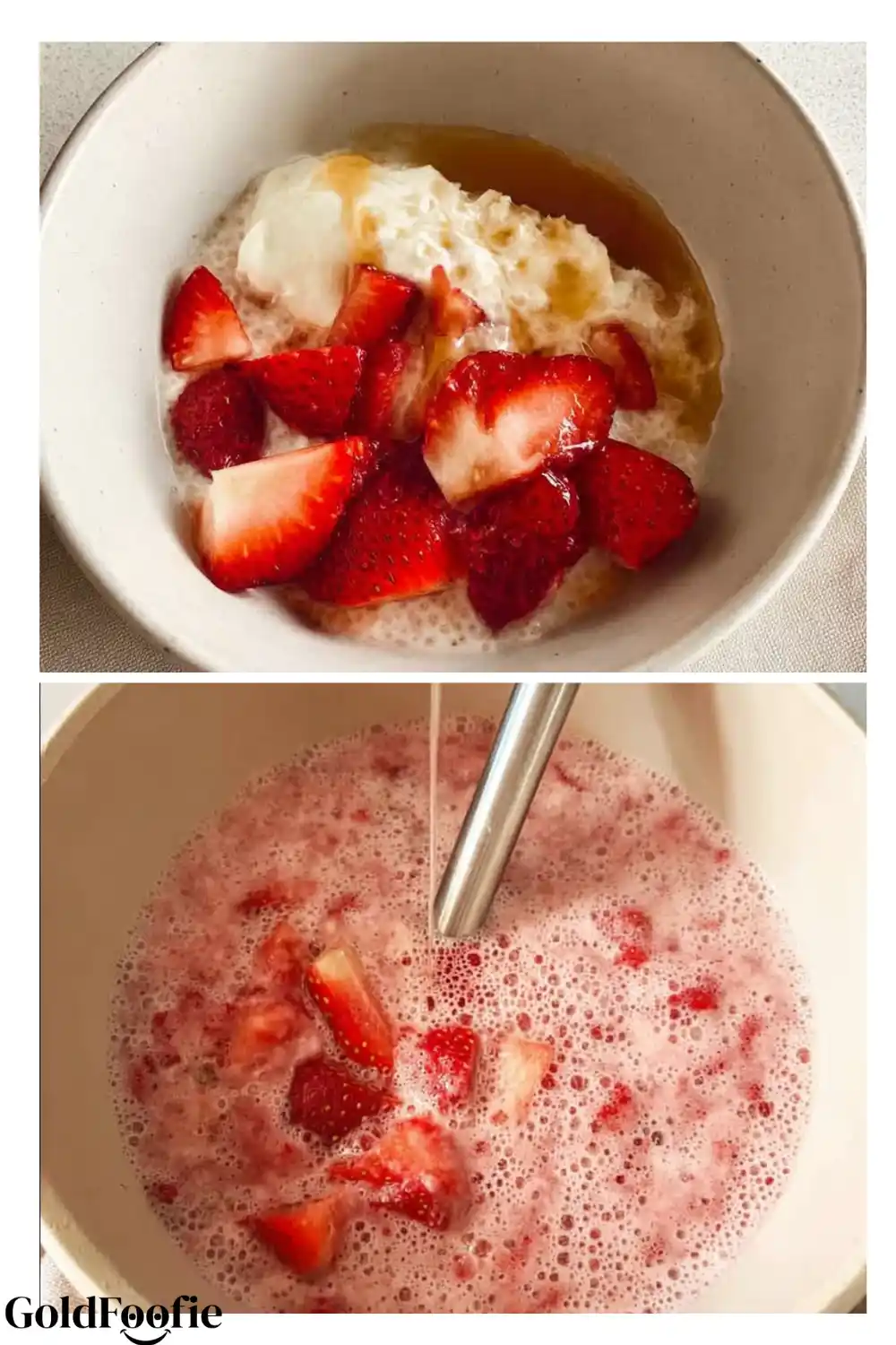 Mixing Strawberry Chia Pudding Base Mixing strawberry chia pudding base with milk and fresh berries