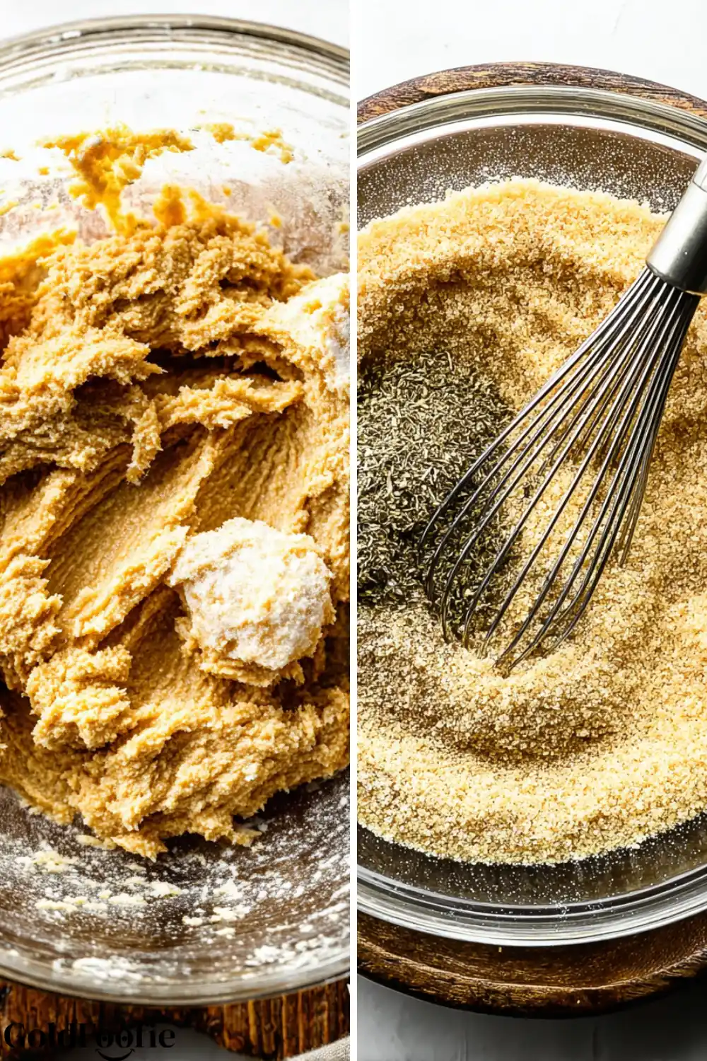 Preparing the low-carb Bread Batter Split image showing wet and dry ingredients for low-carb bread being mixed