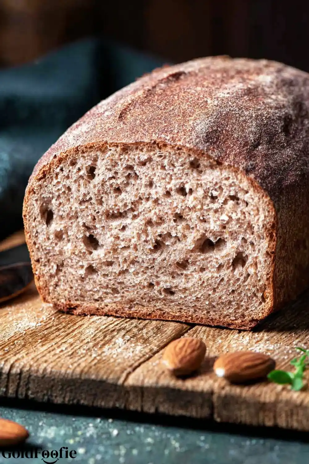 Keto Bread Recipes You’ll Love Soft Fluffy Easy 5 A whole and partially sliced loaf of golden-brown keto bread on a rustic wooden board next to a grey cloth.
