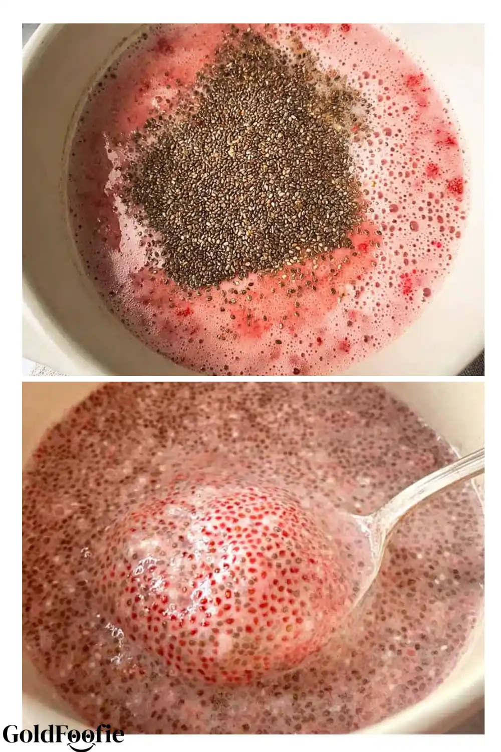 Thickening the Pudding with Chia Seeds Adding chia seeds to strawberry mixture and thickened pudding texture