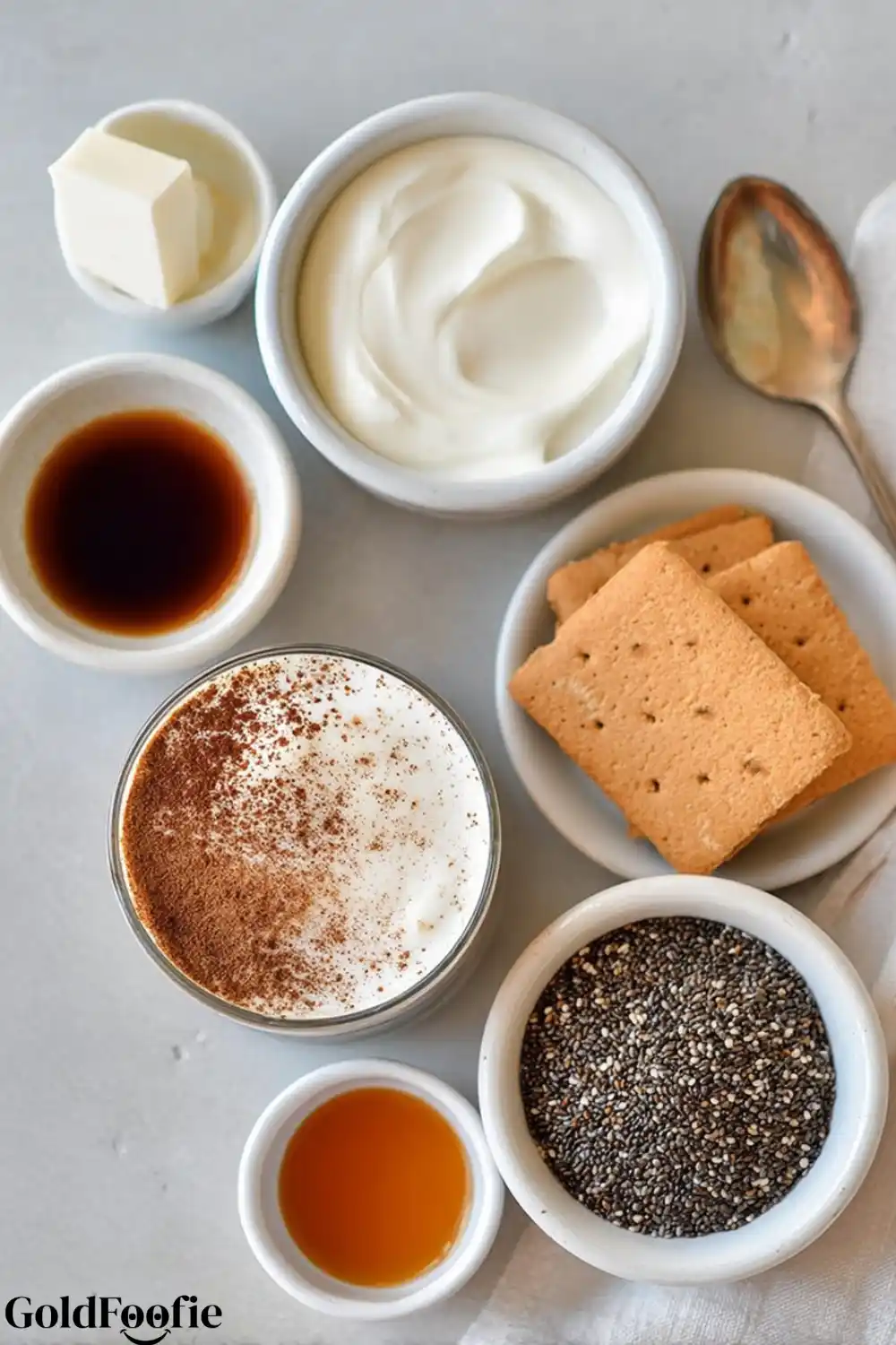 Tiramisu Chia Pudding Ingredients Set Ingredients for tiramisu chia pudding in small bowls