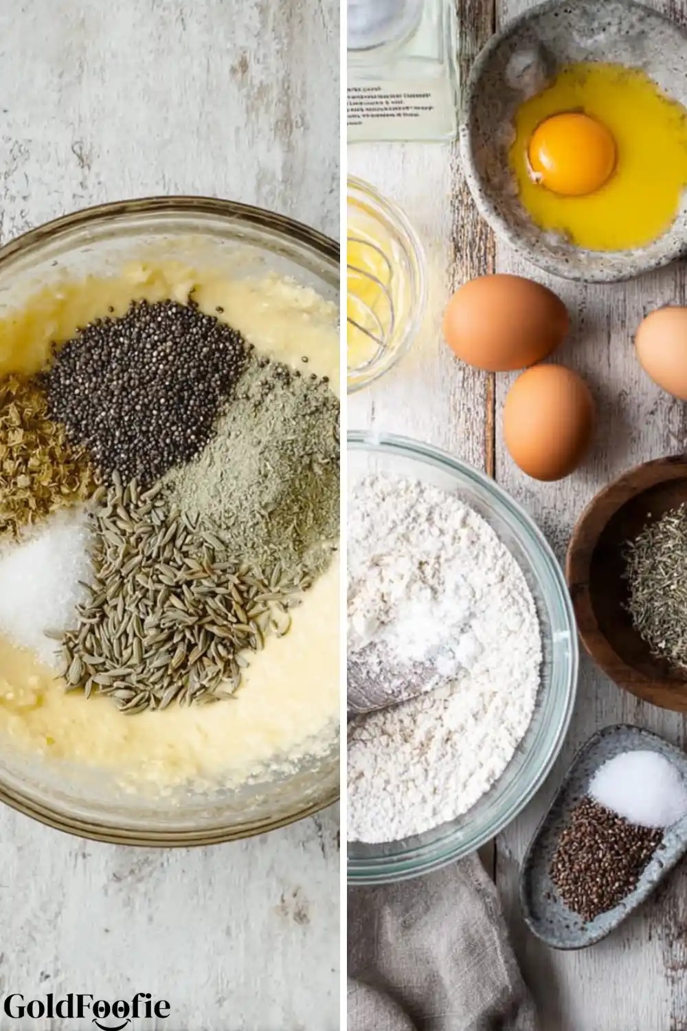 Wholesome Ingredients - Diabetic bread recipes ingredients for Diabetic bread recipes: a bowl of batter and various flours and eggs.