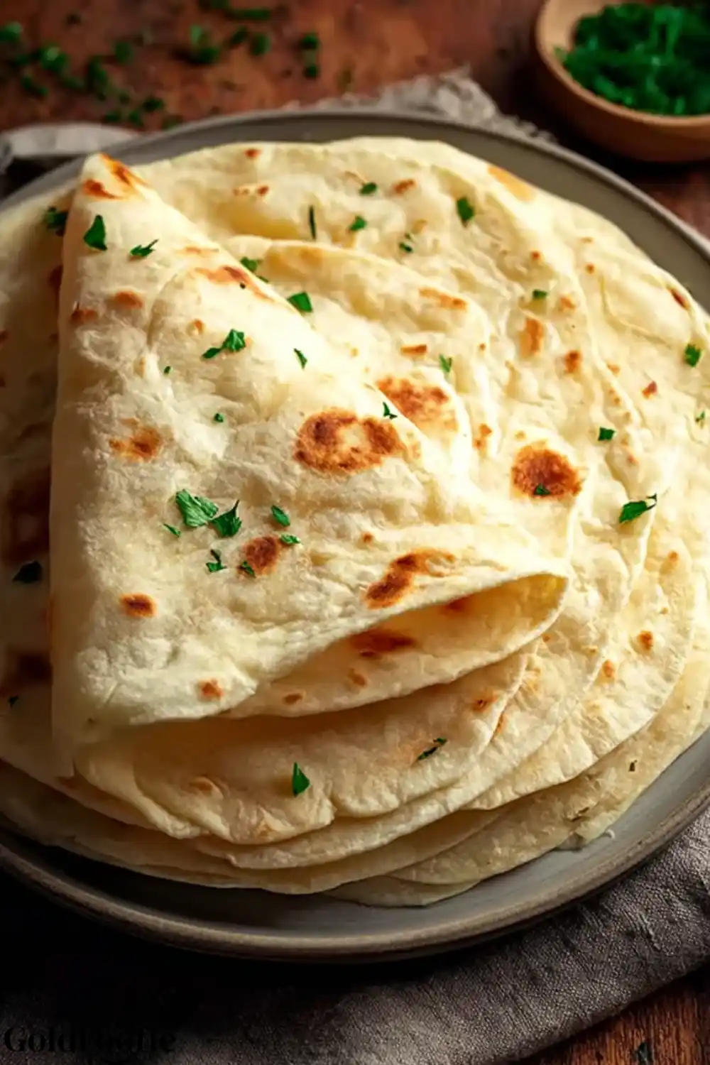 bread tortilla recipes. Fluffy low-carb flatbreads garnished with parsley