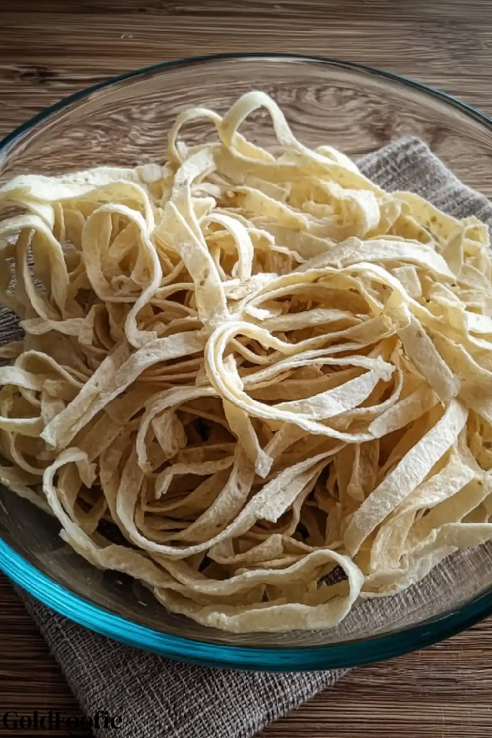 low-carb tortilla noodles recipe. Strips of low-carb tortillas cut into noodle shapes