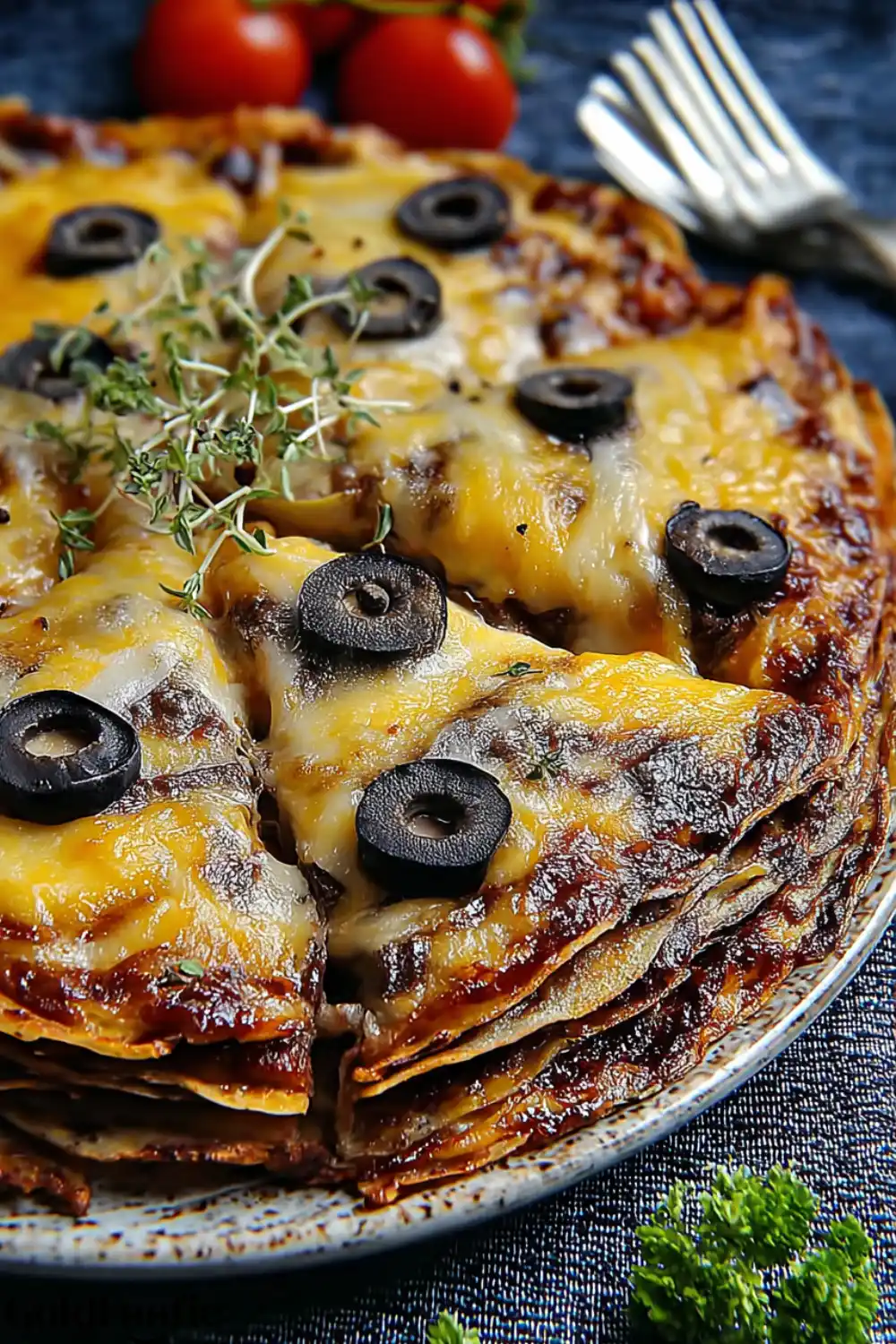 low-carb tortilla pizza Sliced low-carb tortilla pizza topped with olives and cheese