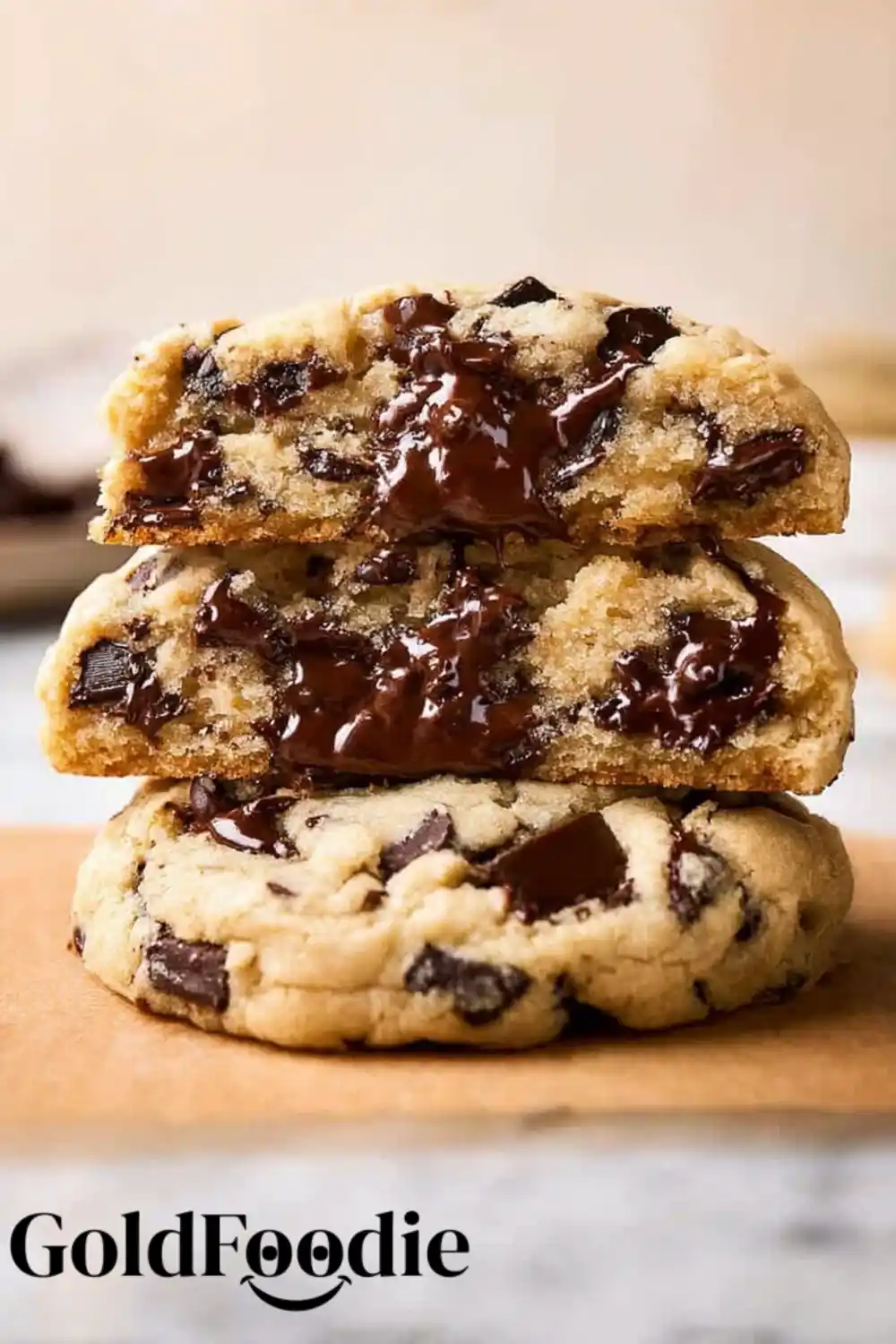 Bakery-Style Cookie Stack Stack of gooey Two-Chip Chocolate Chip Cookies
