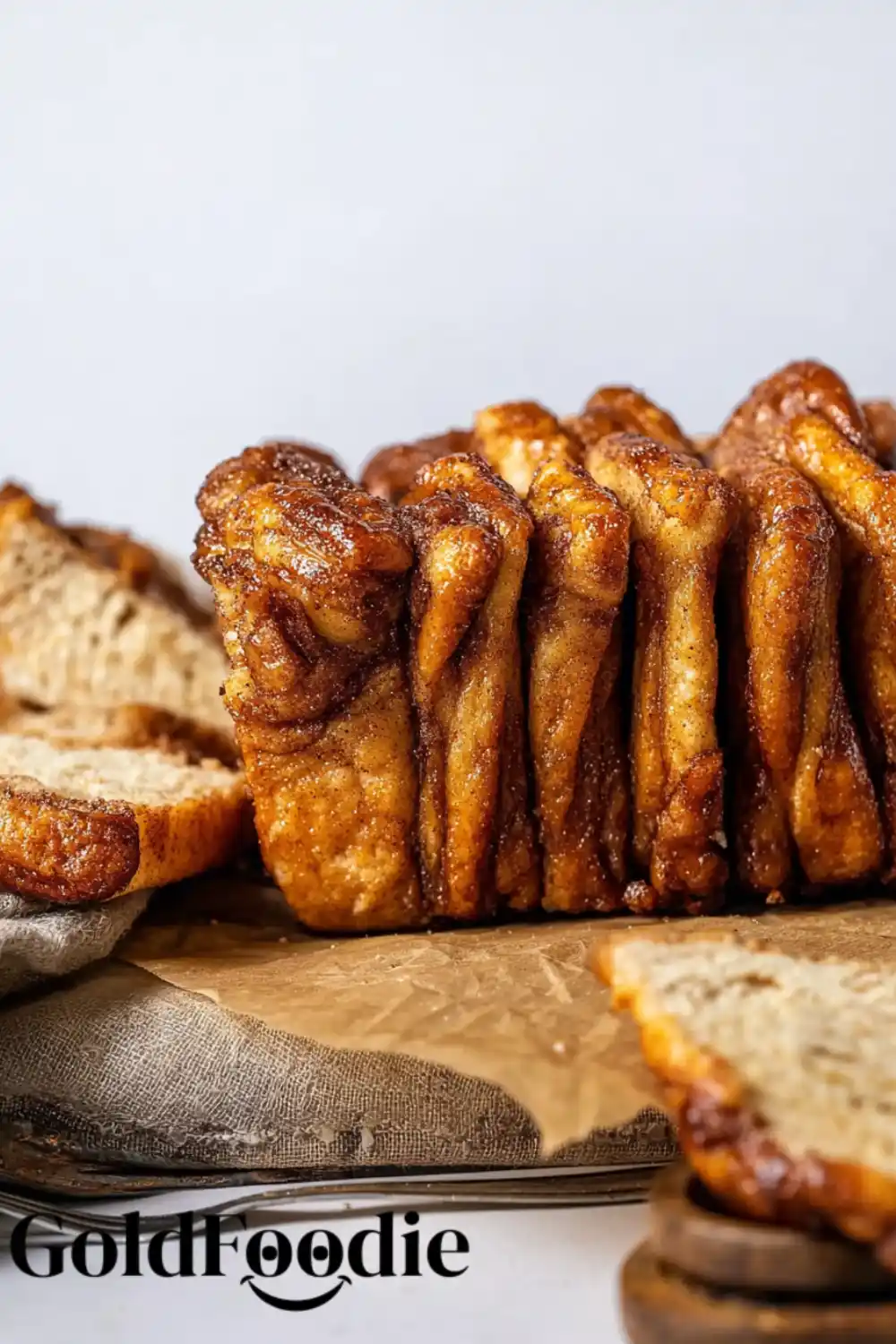 Bread Loaf with Cinnamon Cinnamon pull apart bread loaf side view.