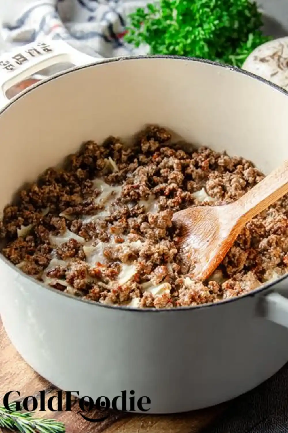 Browning Meat for Lasagna Soup Ground beef cooking in Dutch oven for lasagna soup