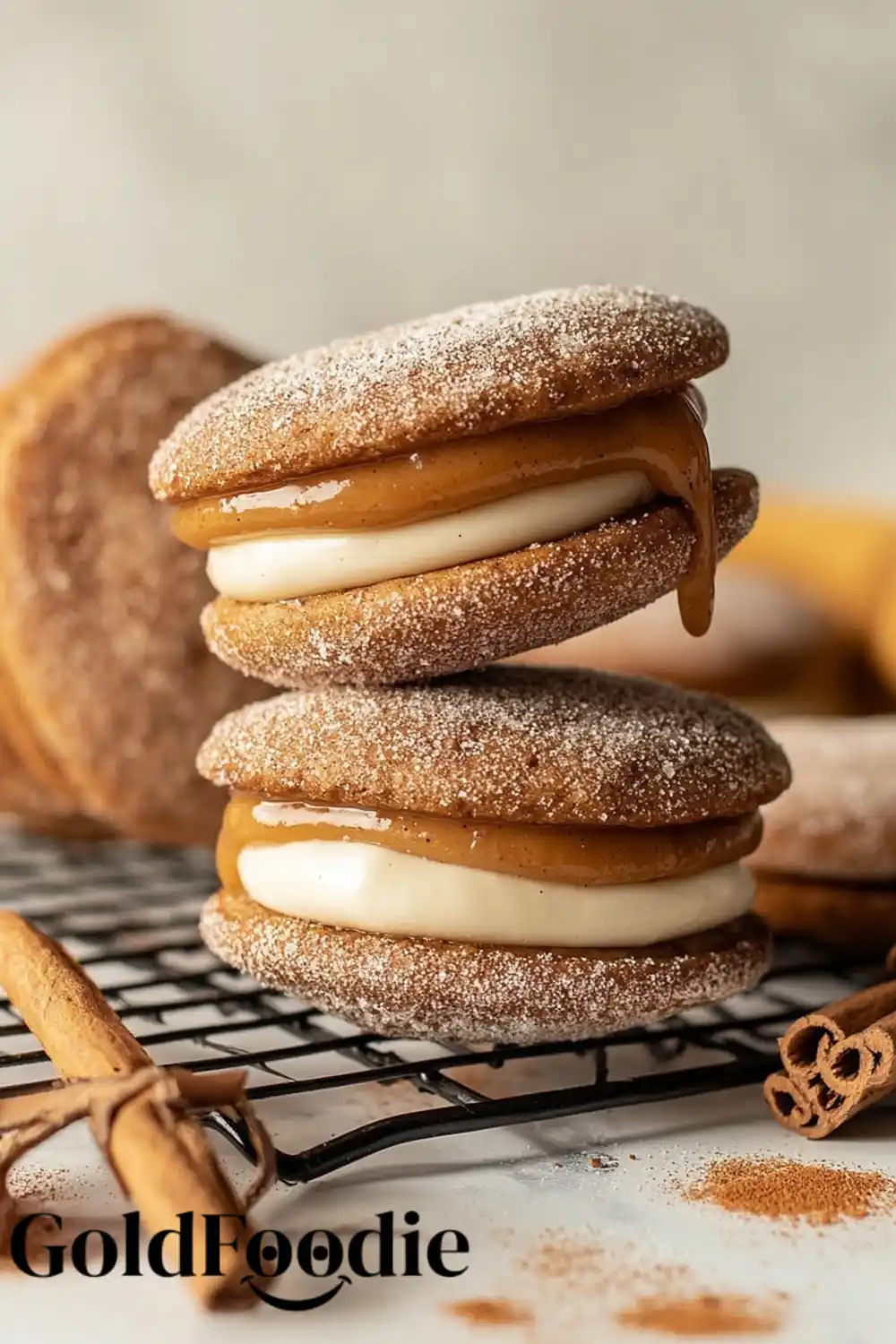 Caramel Drip Whoopie Pies Caramel-dripping apple cider whoopie pies on rack