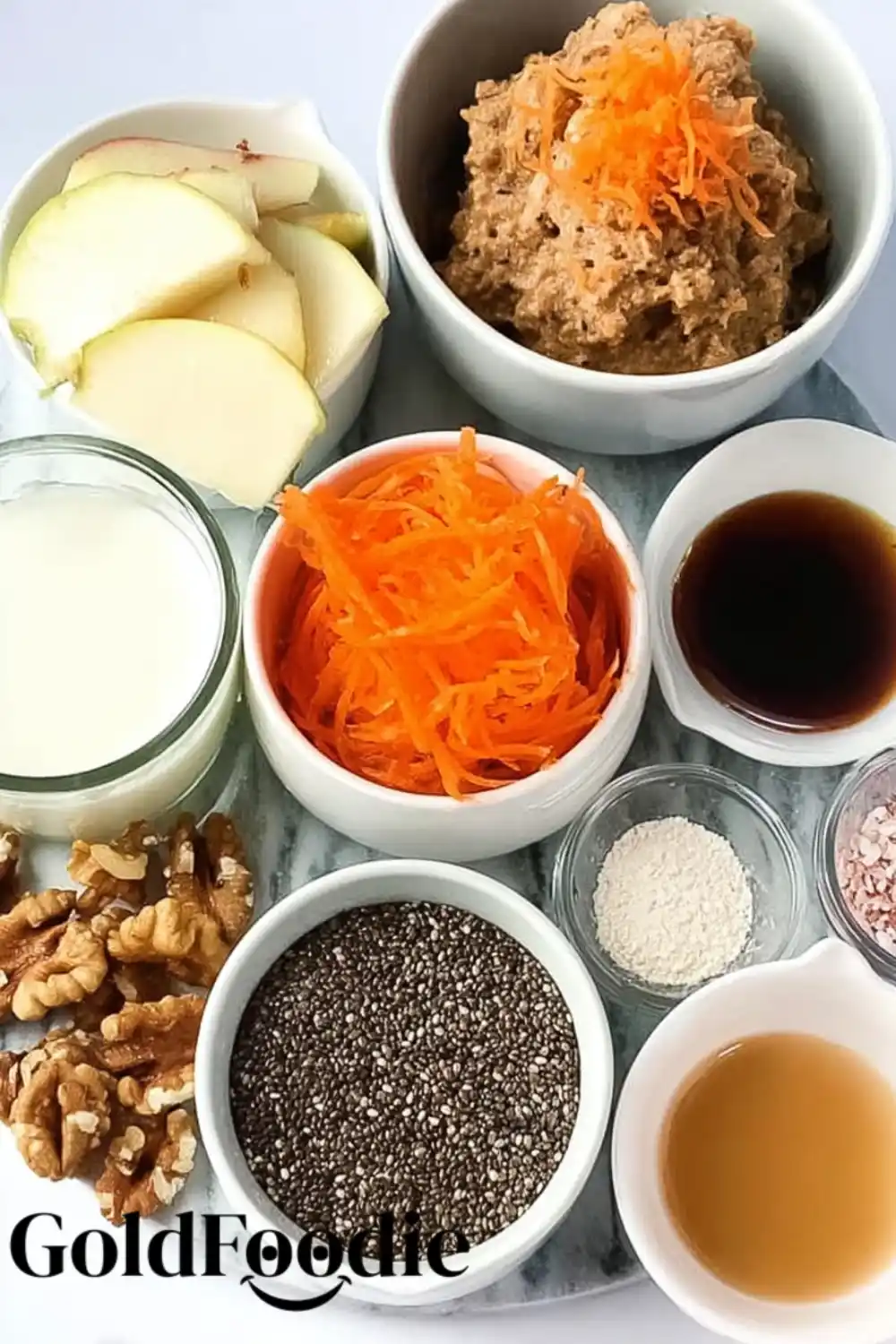 Carrot Chia Cake Prep Ingredients Ingredients for carrot cake with chia laid out in bowls