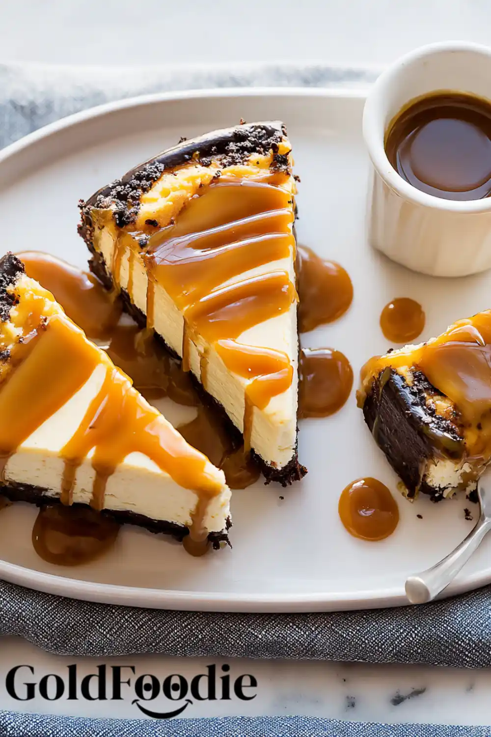 Cheesecake with Caramel Drizzle Cheesecake slice with thick caramel sauce