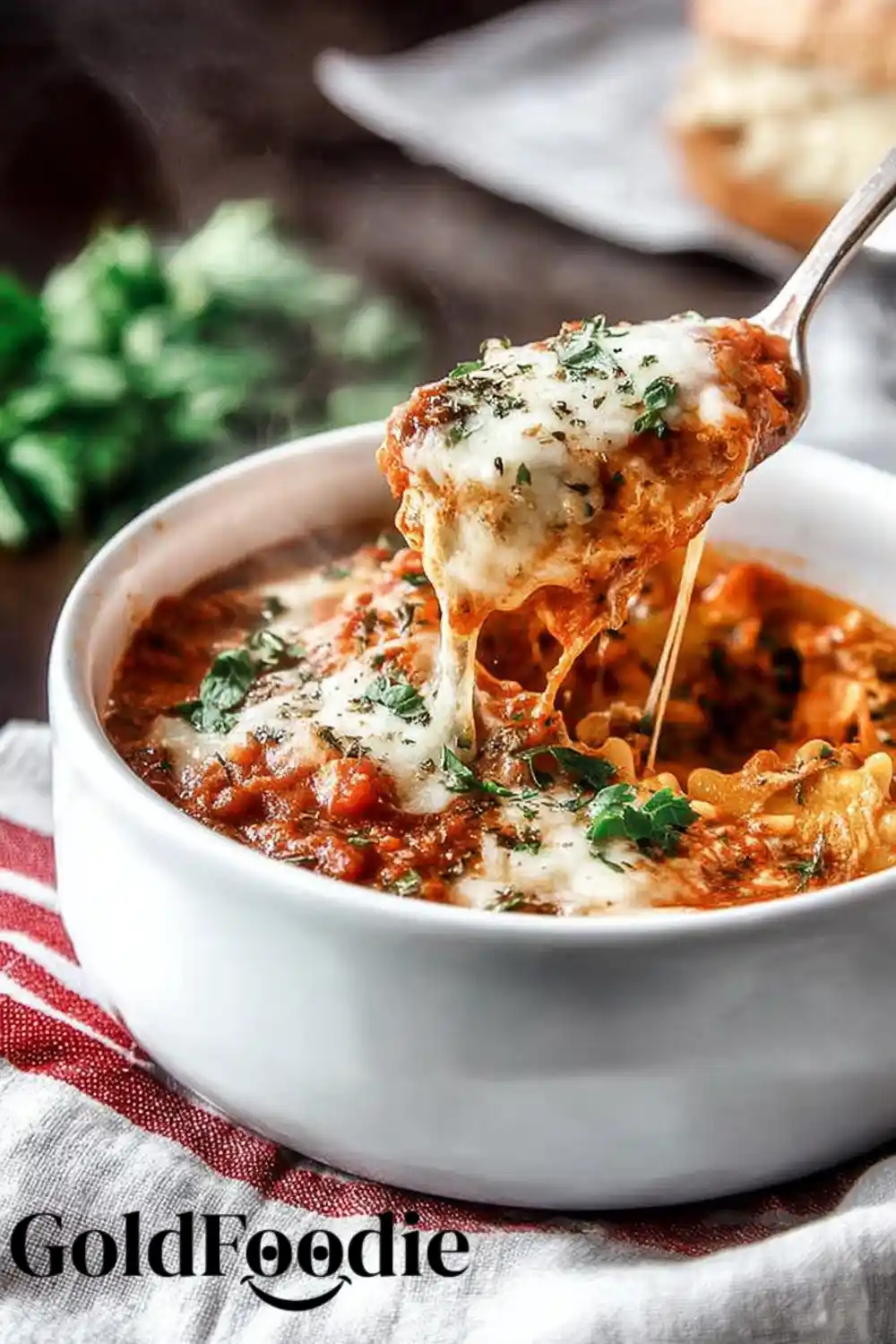One Pot Lasagna Soup 5 One Pot Lasagna Soup with melted mozzarella and herbs