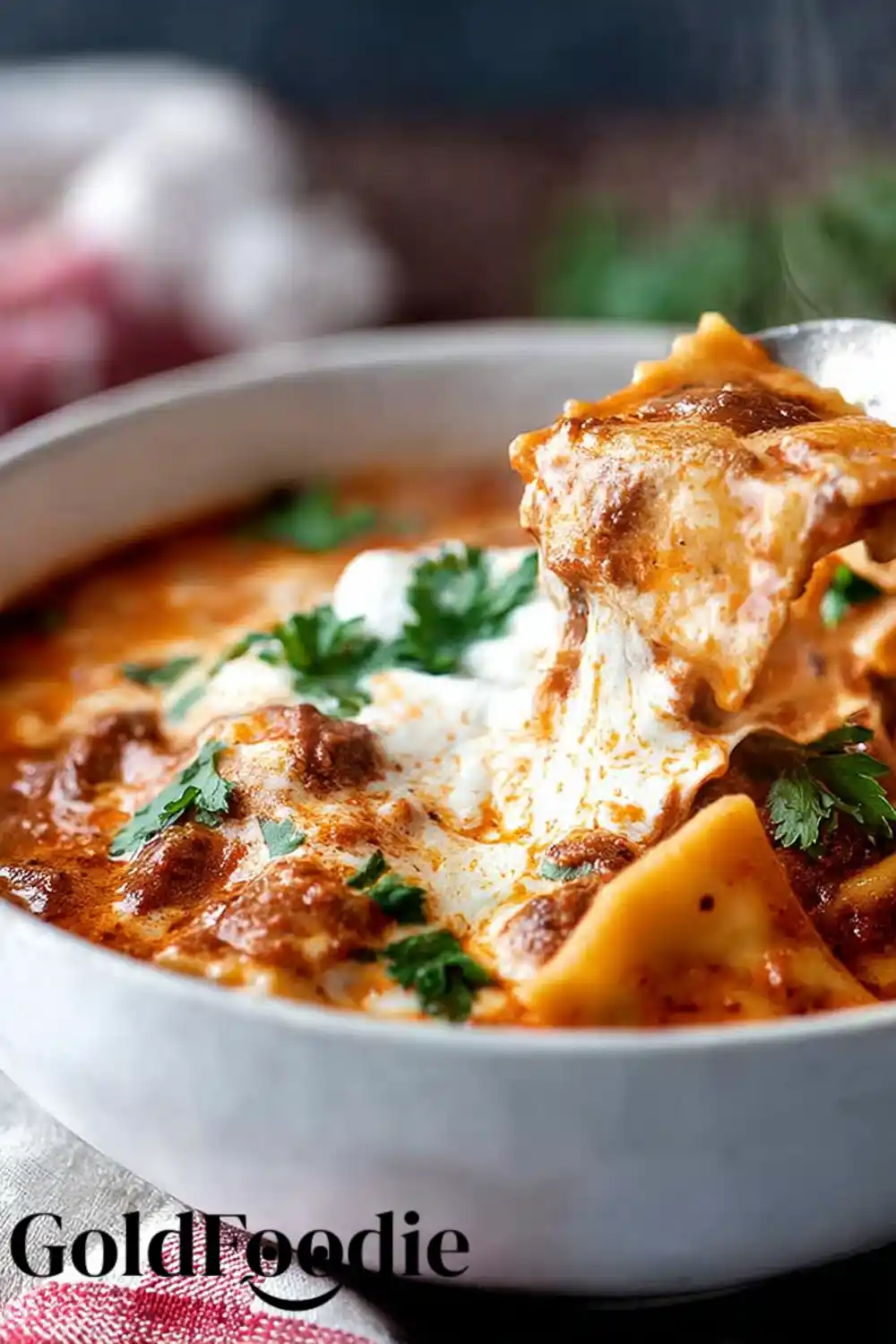 Cheesy Lasagna Soup Bowl Lasagna noodles and melted cheese in soup with parsley