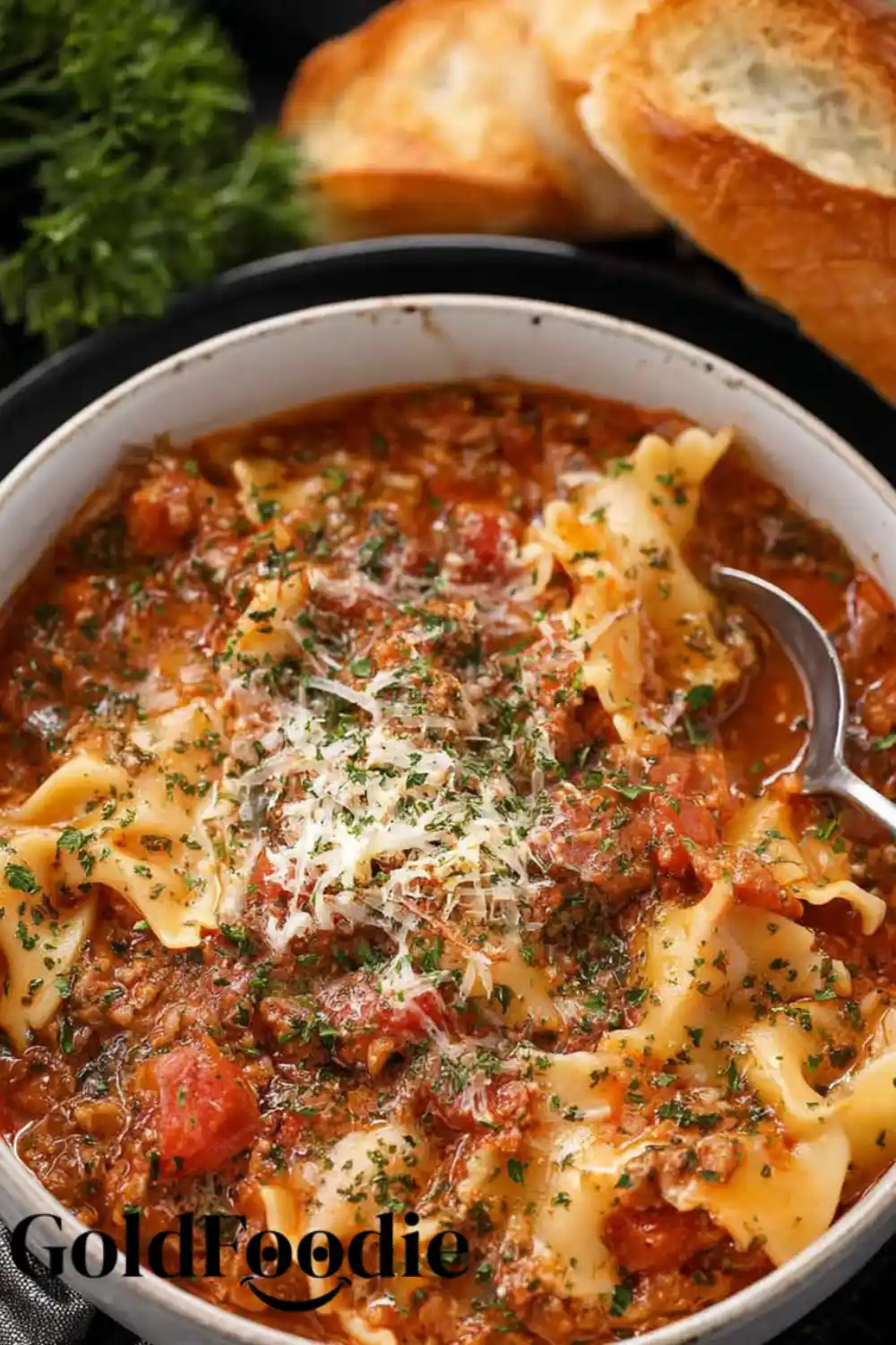 Cheesy Noodle Lasagna Soup Close-up of cheesy lasagna soup in a bowl