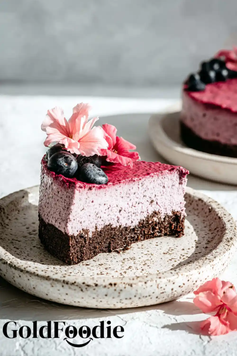 Chia Cake Side View Side view of a chia seed cake gluten free slice with vibrant pink topping.