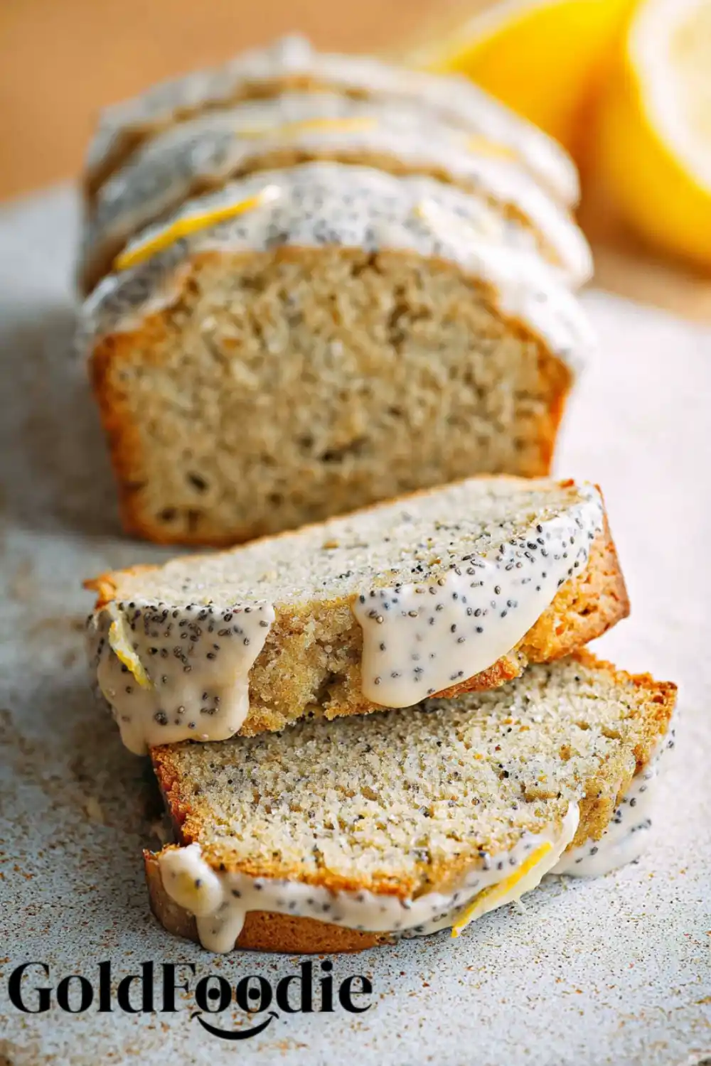 High Protein Chia Seed Lemon Cake 5 Thick slice of chia seed lemon cake with icing