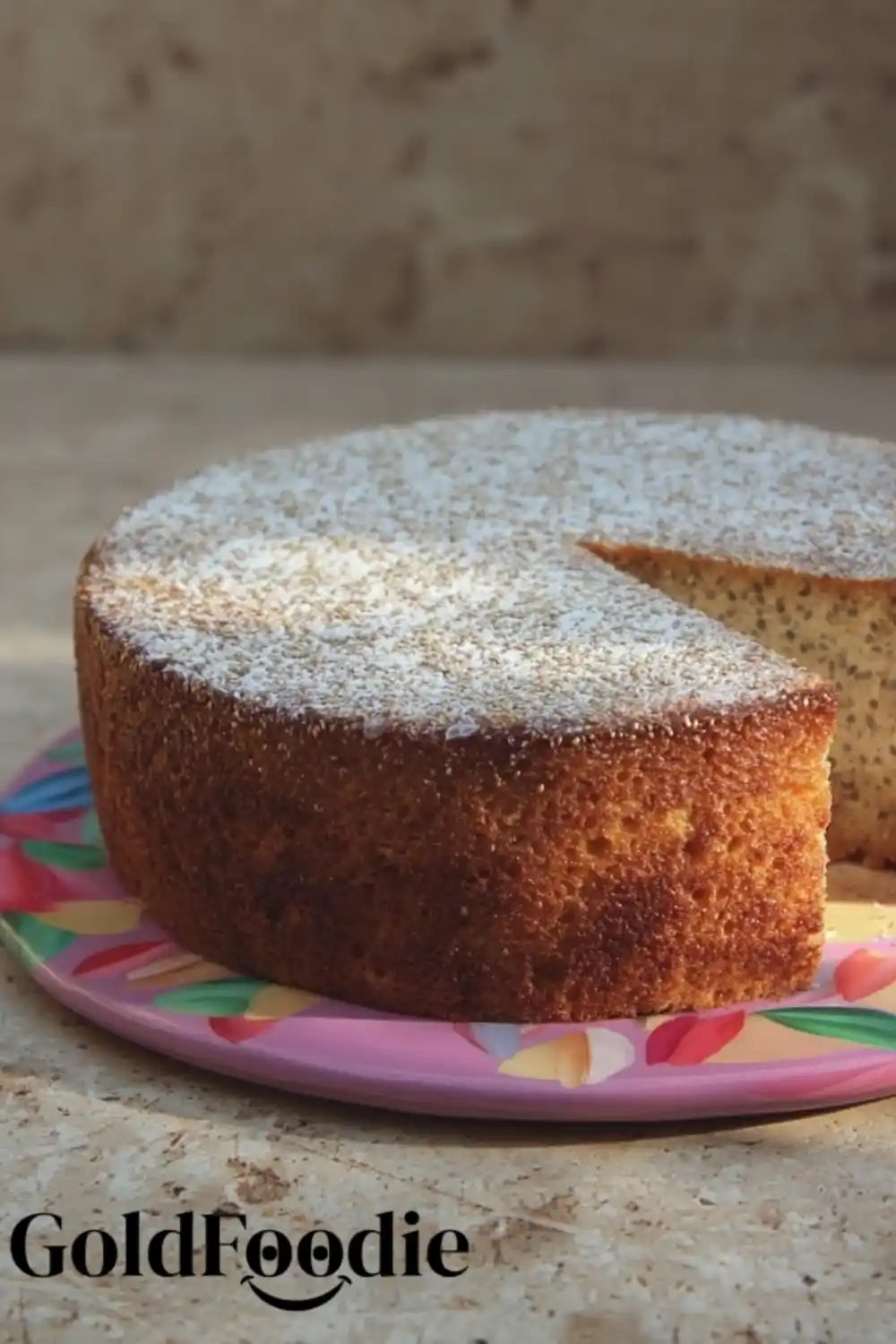 Chia Cake with One Slice Cut Out Chia cake with a slice removed