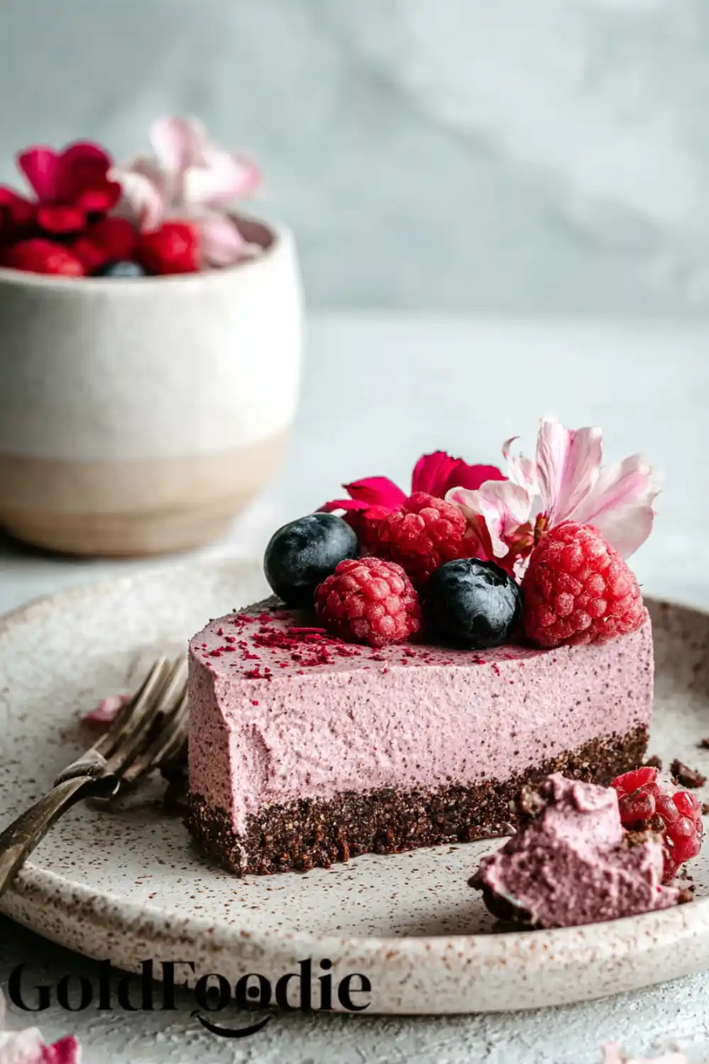 Chia Seed Cake Gluten Free 5 Chia seed cake gluten free slice with berries and flower on top.