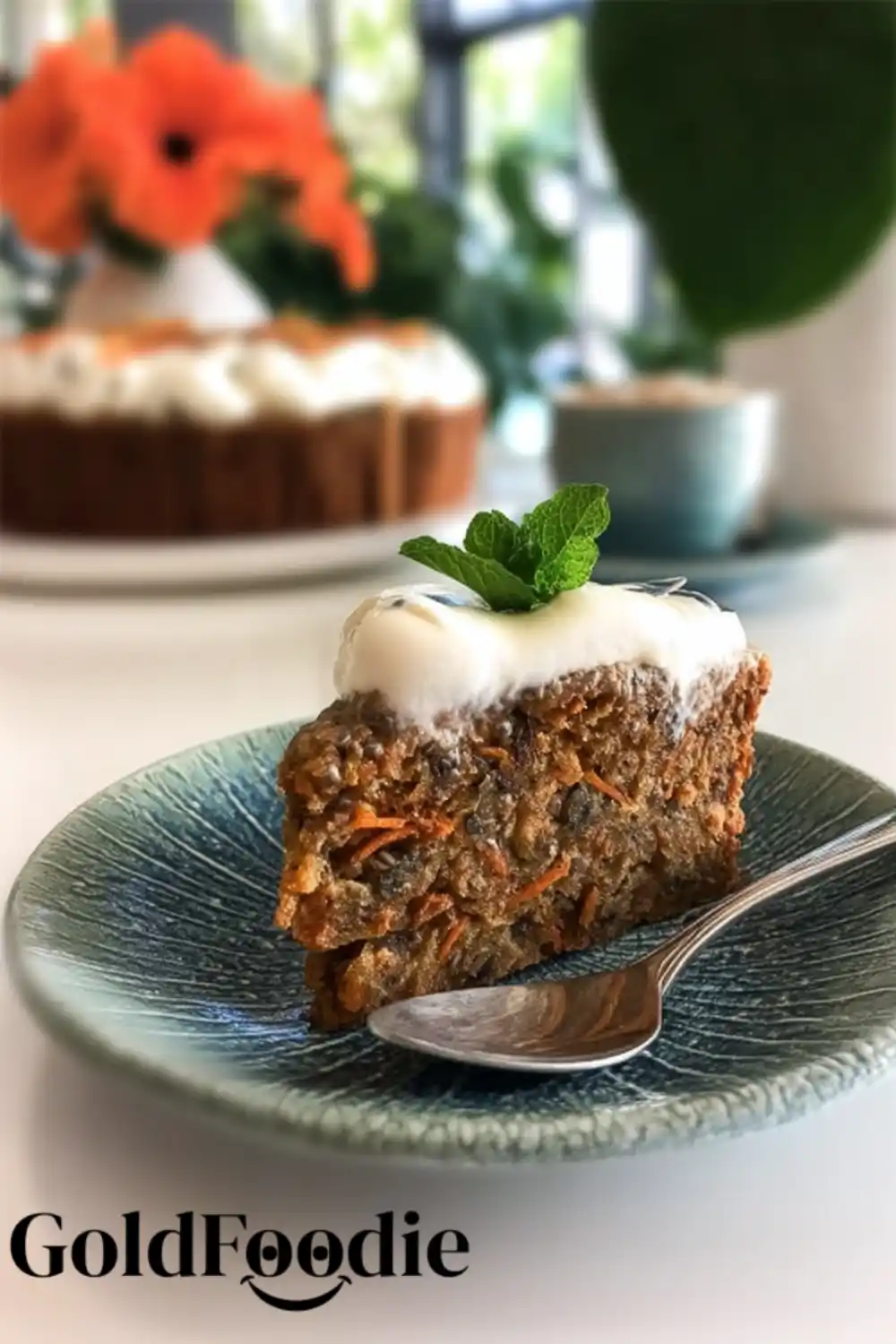 Chia Carrot Cake Breakfast Slice Carrot chia cake slice on a plate with mint garnish