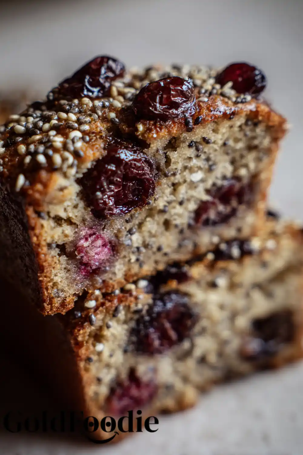 Chia Cherry Cake Slice Close-up of sliced cherry chia cake