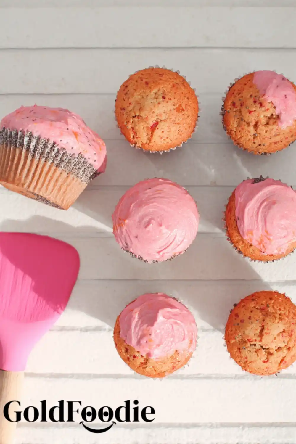 Chia Seed Cake Mix Cupcakes Top View Overhead shot of frosted cupcakes made with chia seed cake mix.