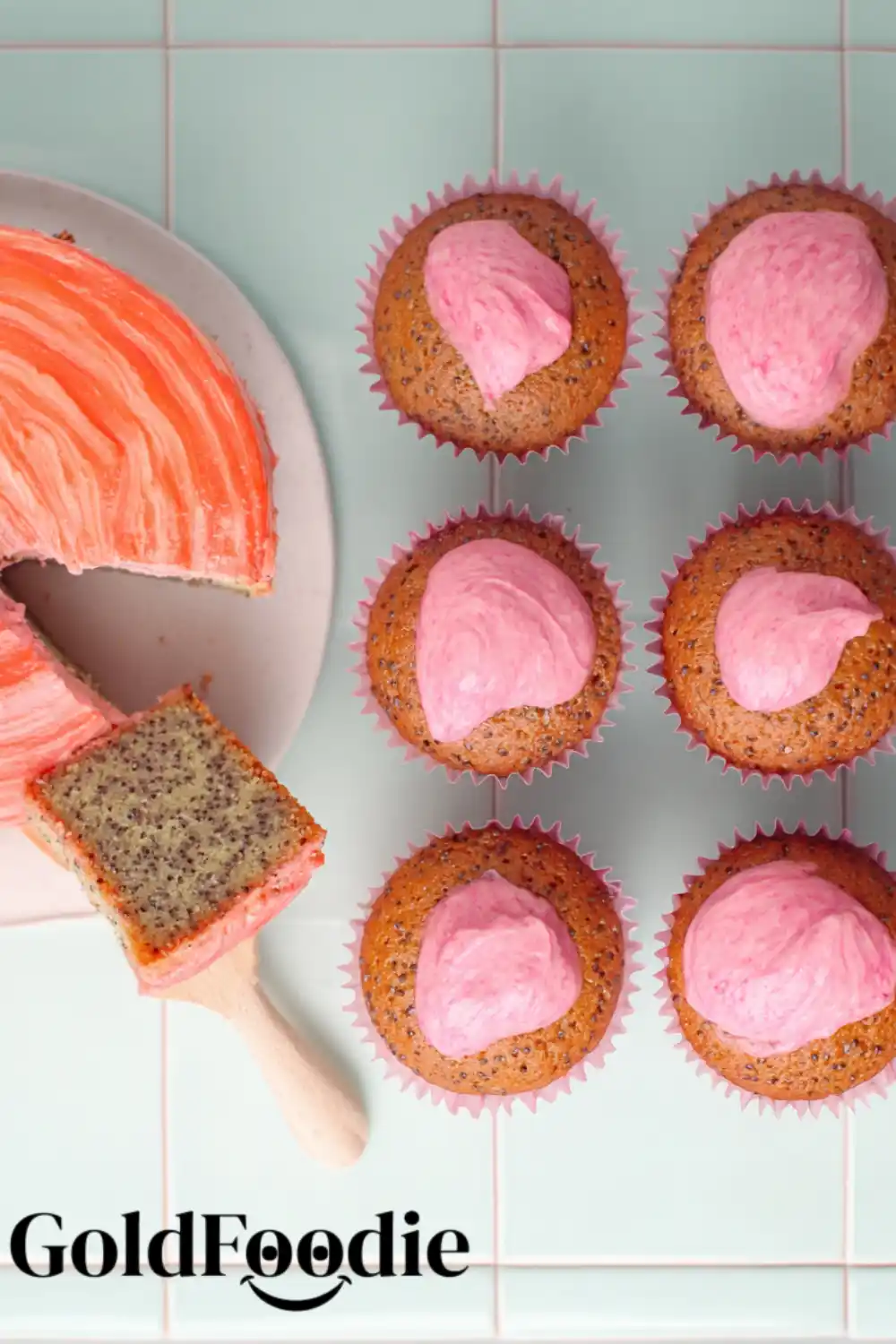 Chia Seed Cake Mix with Frosting Chia seed cake mix cupcakes with frosting next to a sliced cake.