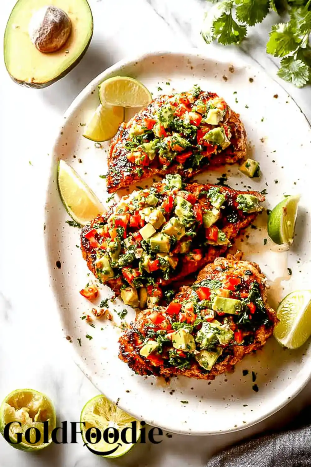 Chicken with Avocado Salsa Three grilled chicken breasts with salsa