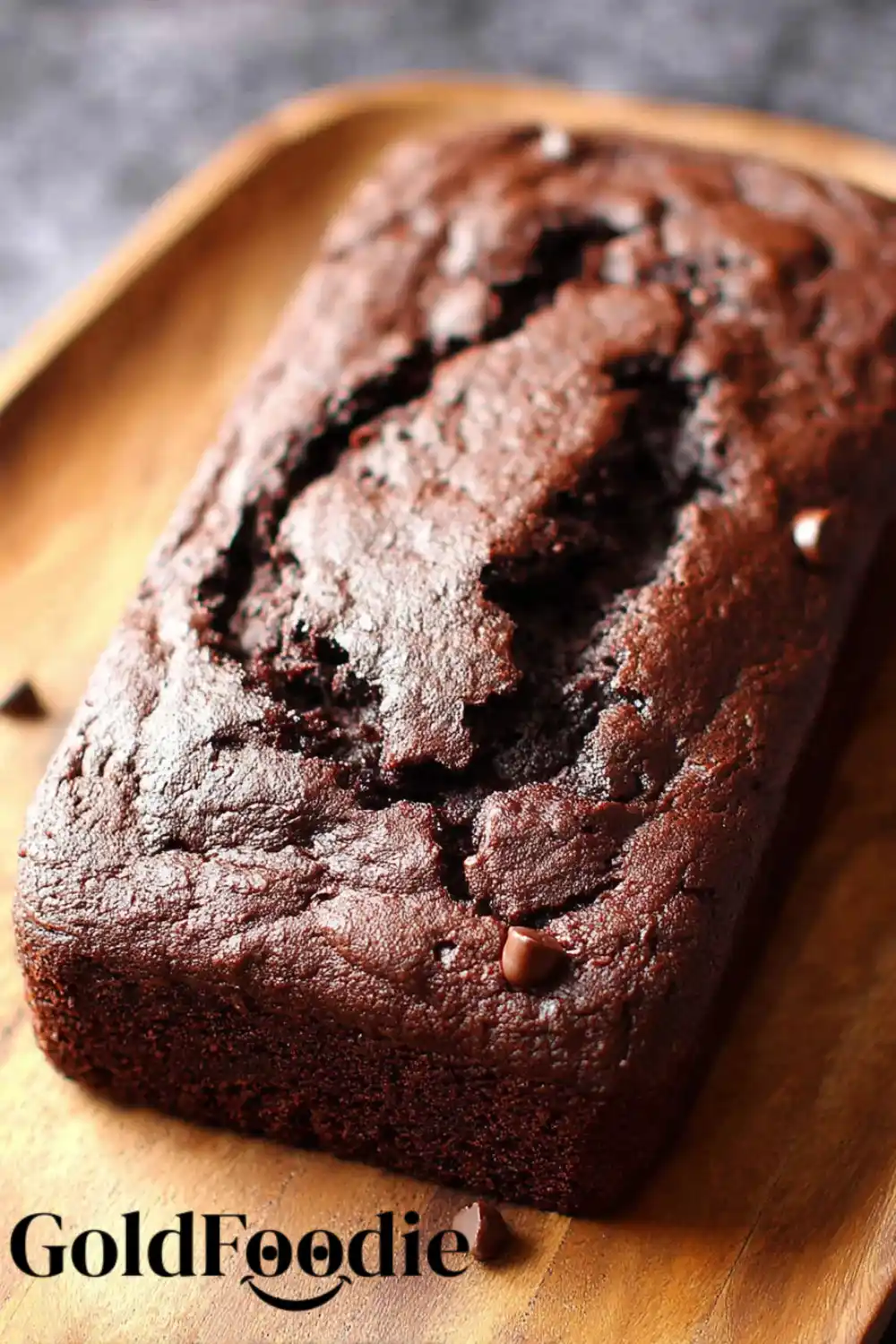 Chocolate Banana Bread Loaf Whole chocolate banana bread loaf on wooden board.