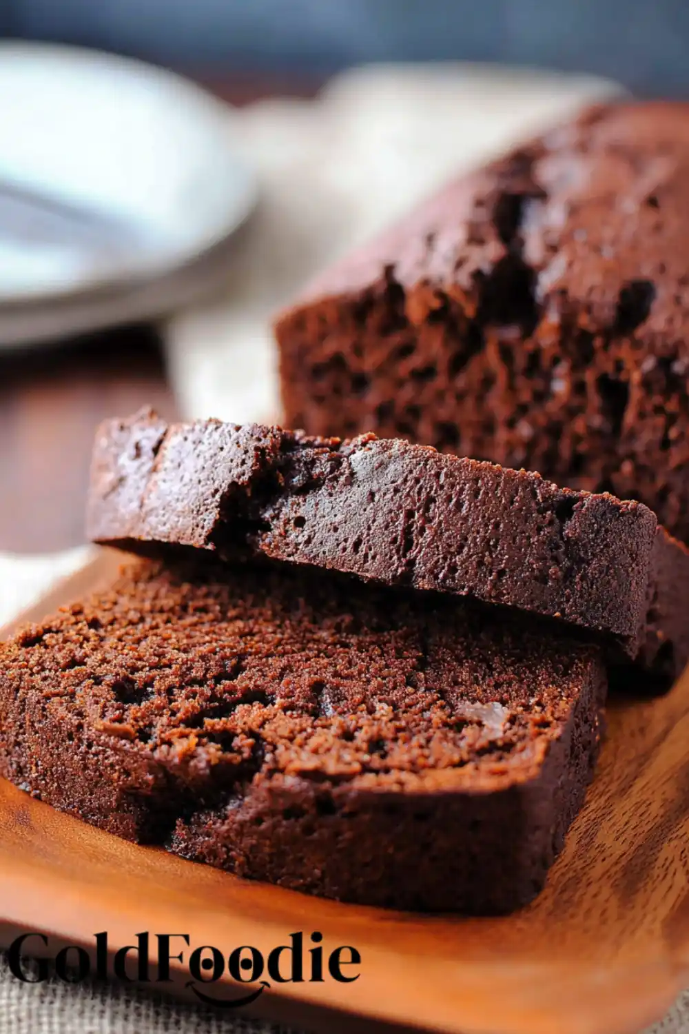 Chocolate Banana Bread Slices Chocolate banana bread slices stacked on a plate.