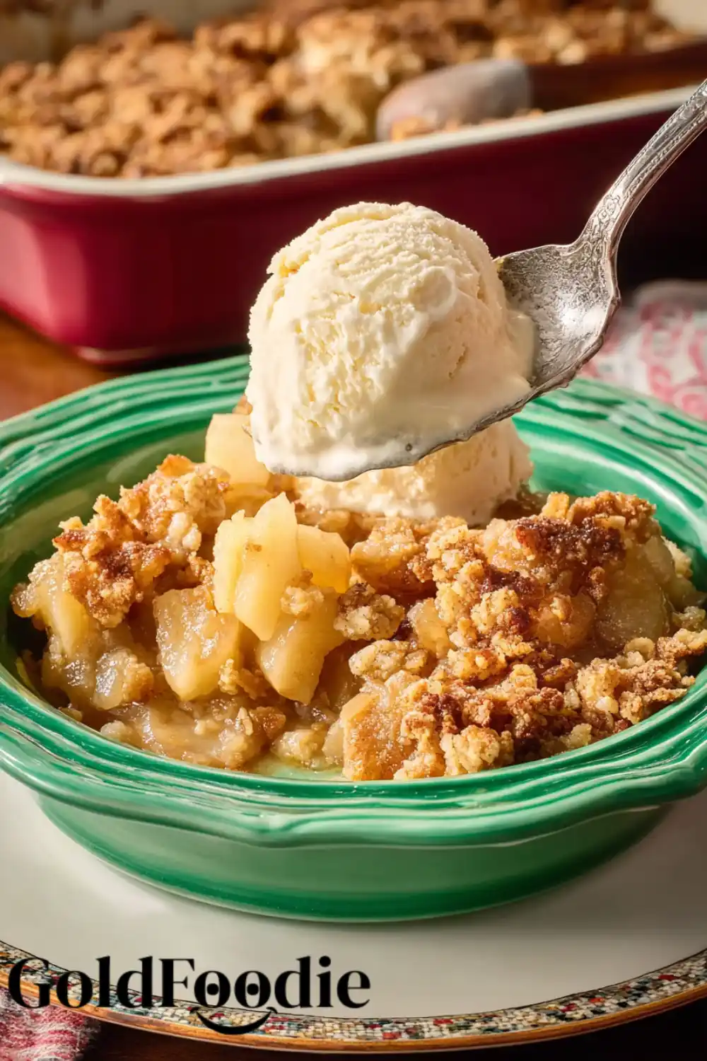 Classic Apple Crisp Bowl Close-up of Woman Apple Crisp