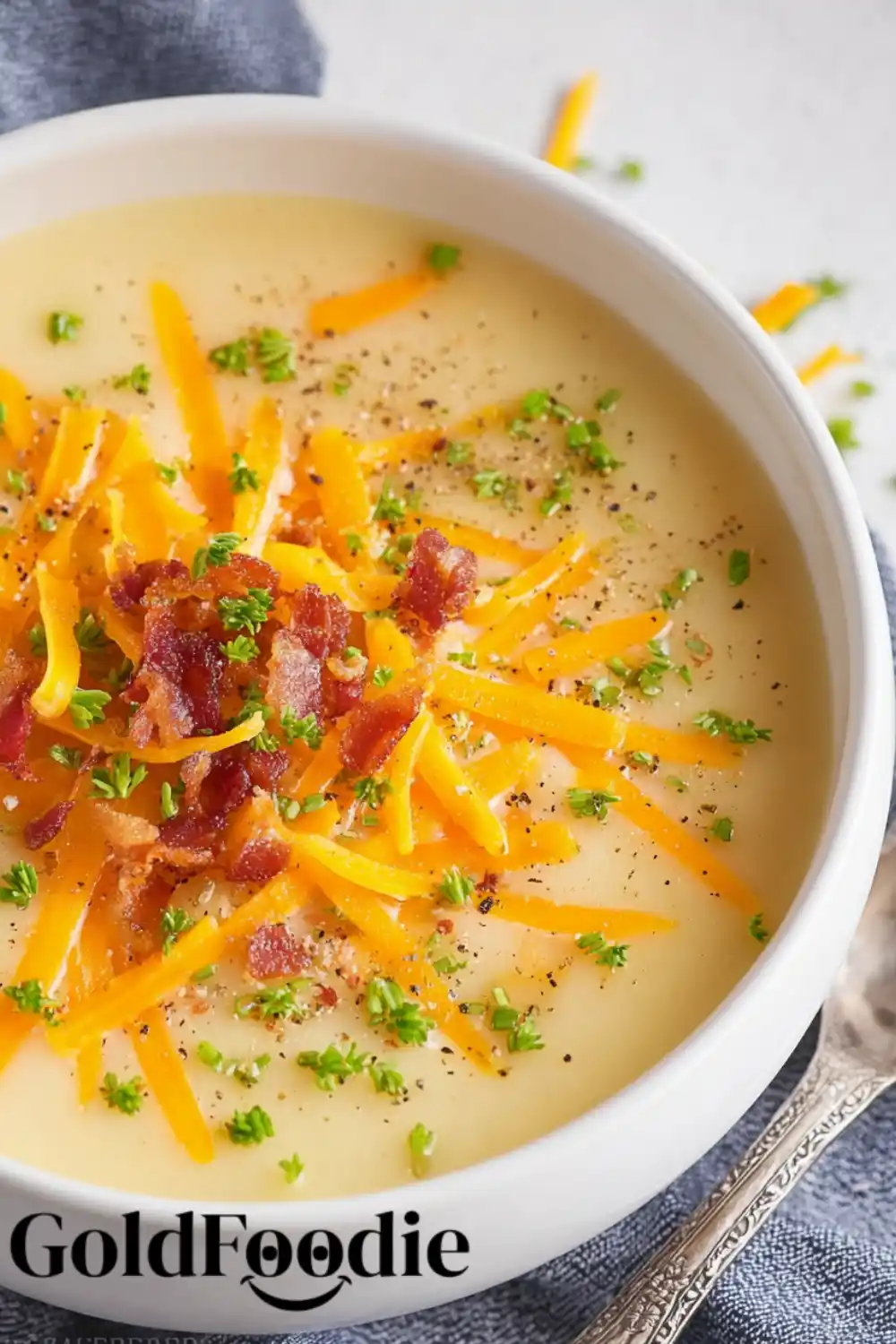 Classic Cheddar Herb Soup Cheddar garlic herb potato soup with cracked pepper and bacon