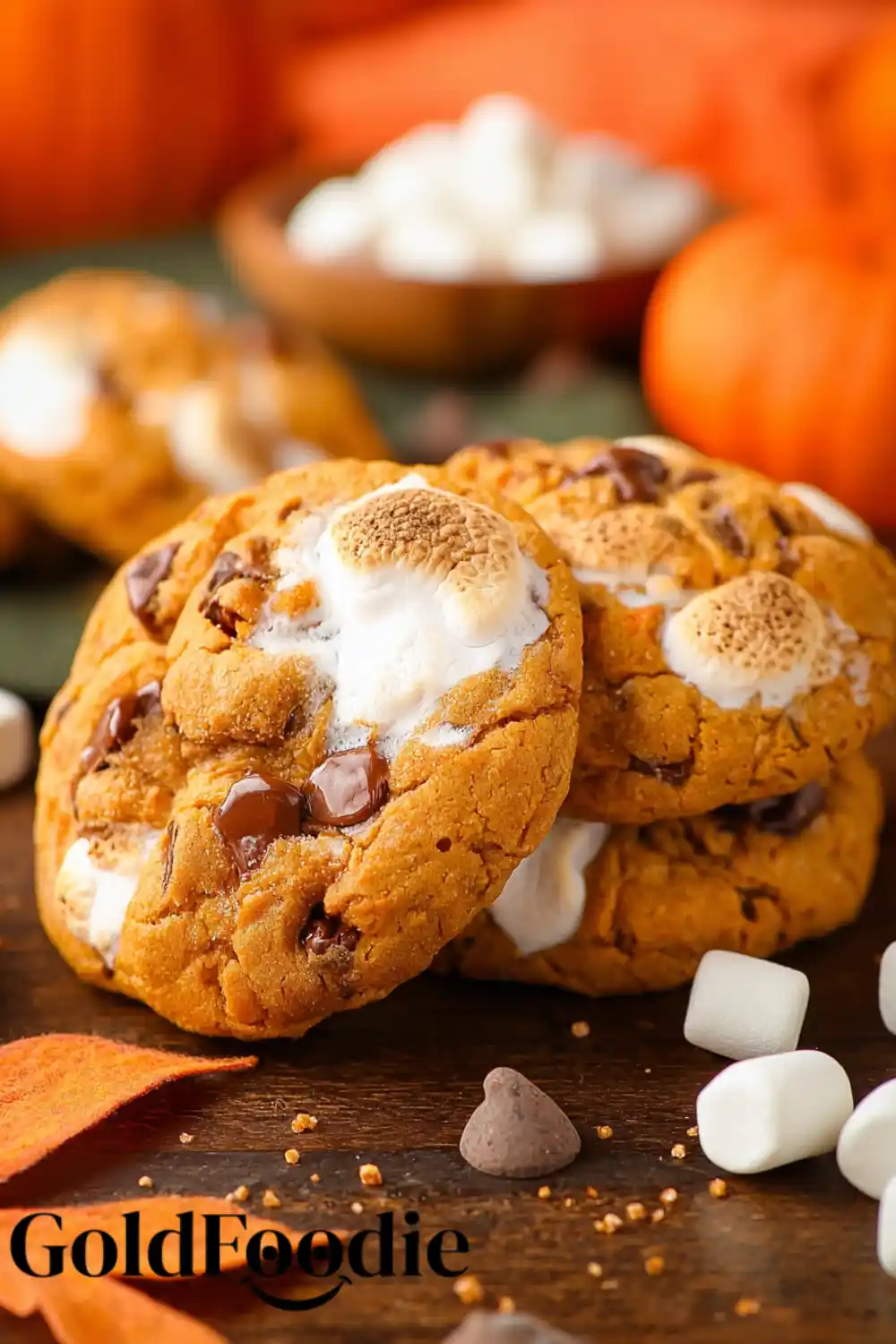 Classic S'mores Cookie Stack Pumpkin s'mores cookies stacked with visible gooey centers