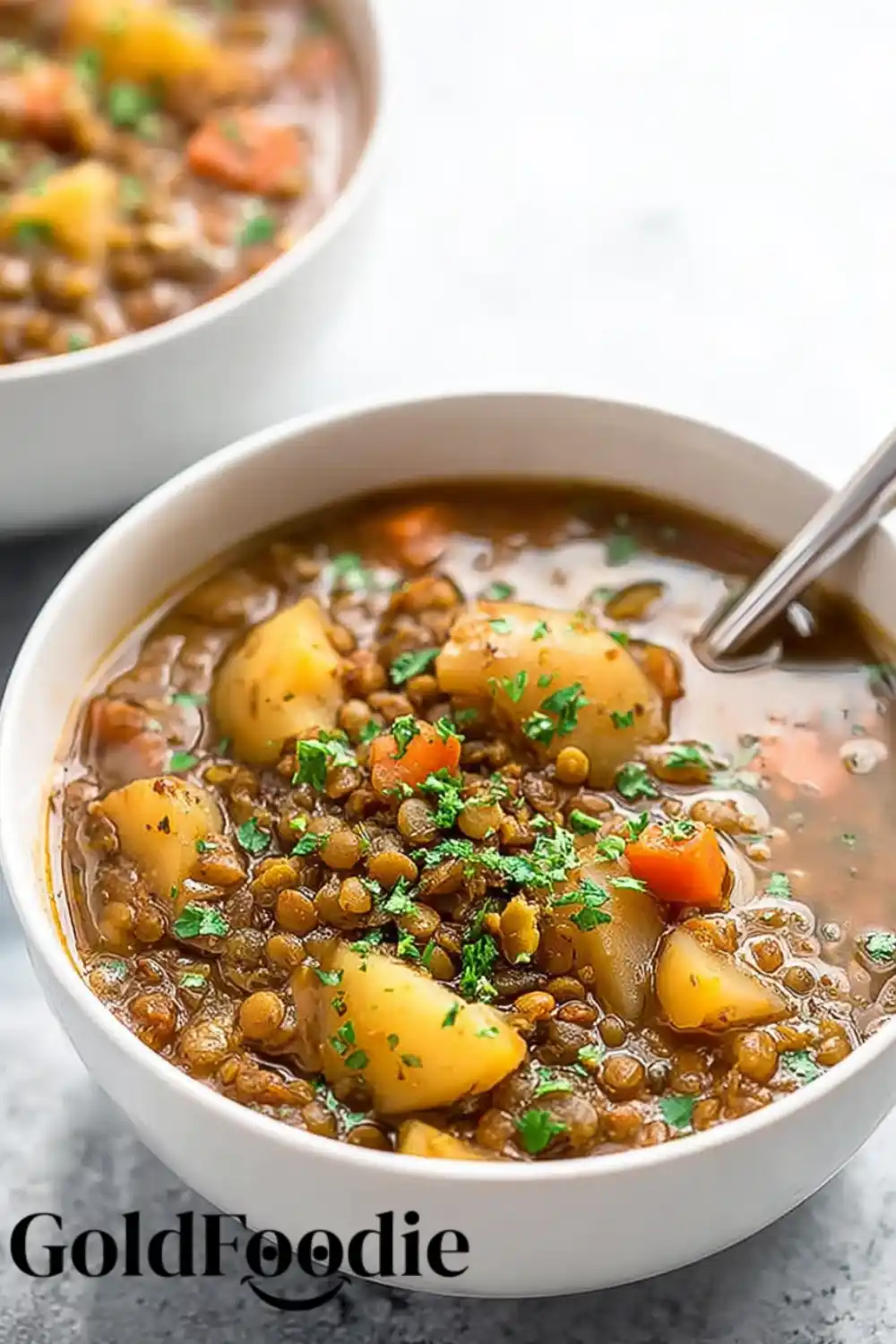 Classic Vegan Soup Two bowls of lentil and potato soup