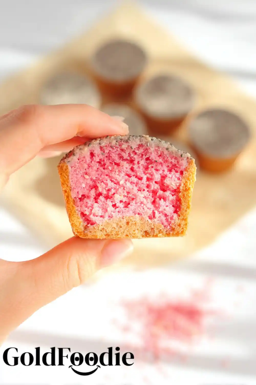 High Protein Chia Seeds in Cake Mix 5 Moist cupcake made with chia seed cake mix and pink center.