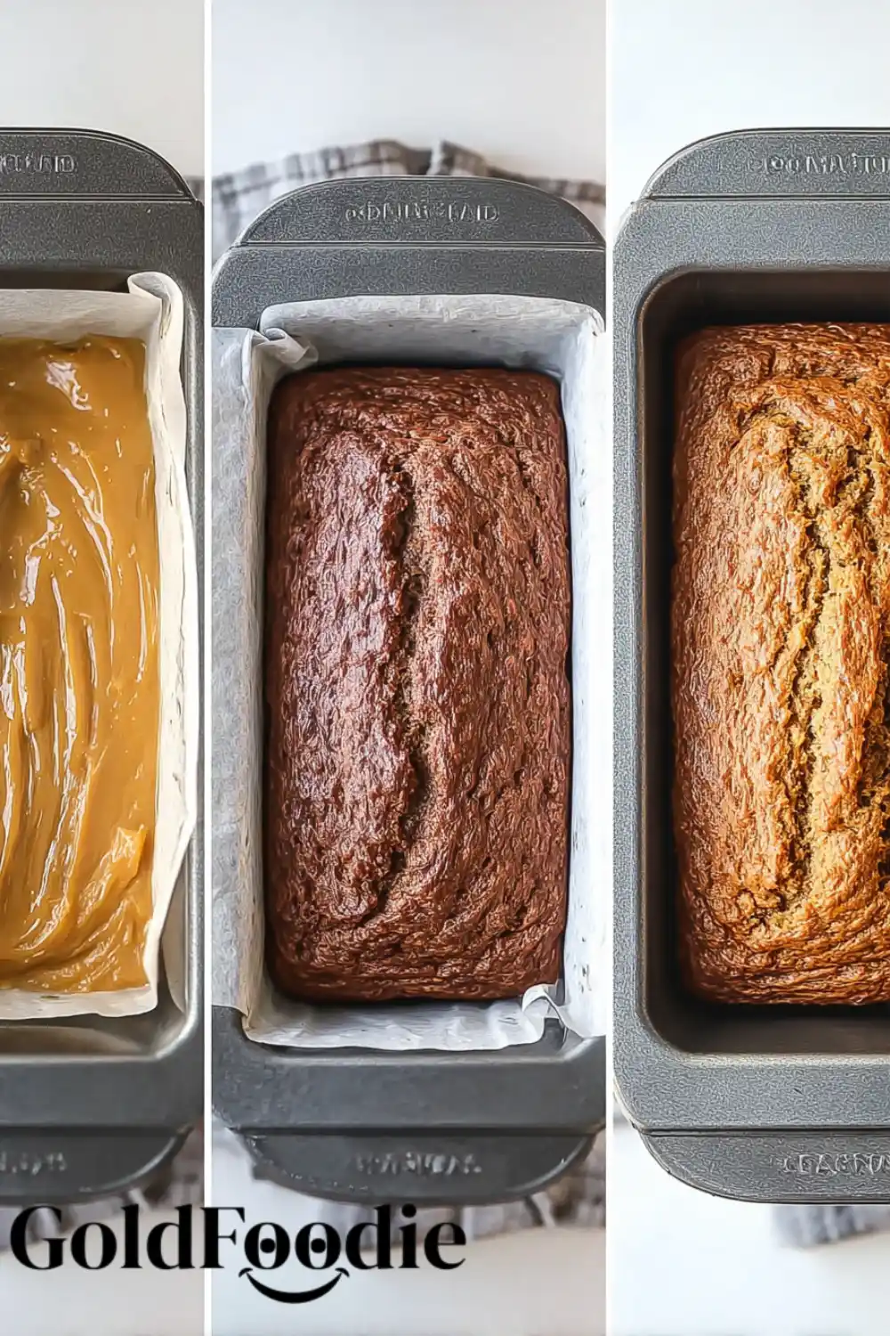 Coconut Banana Bread Baking Stages Coconut Banana Bread batter, halfway baked, and fully baked loaf in pans.