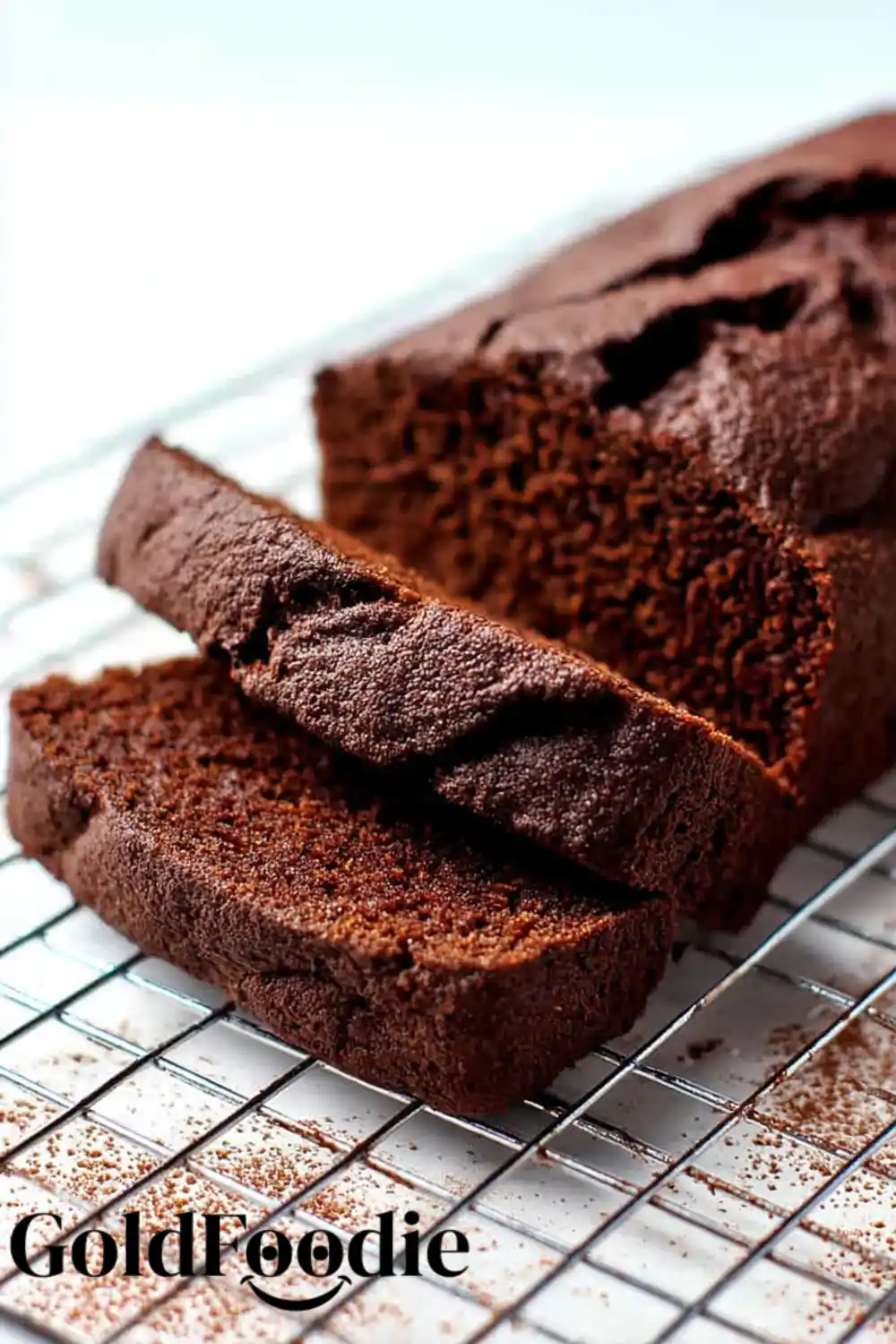 Cooling Chocolate Banana Bread Sliced chocolate banana bread on cooling rack.