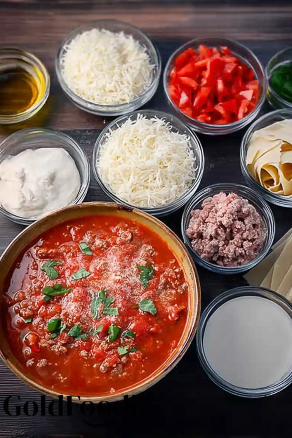 Crock pot Lasagna Soup Ingredients Bowls of ingredients for lasagna soup including cheese and beef