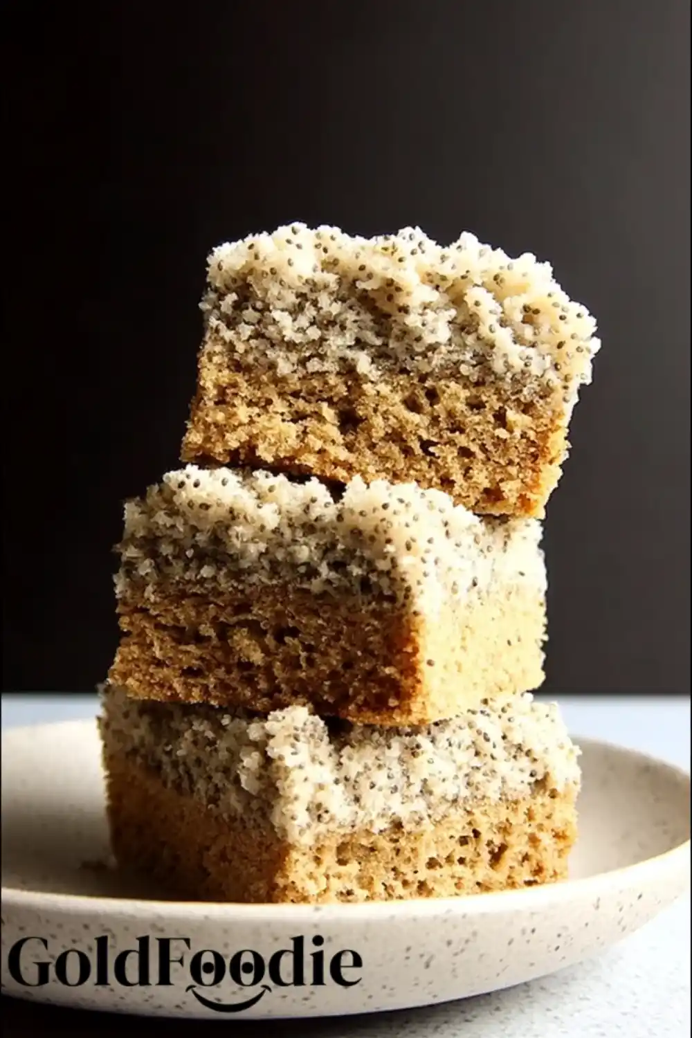 Crumb-Topped Chia Cake Eggless Chia Seed Cake slice with golden crumb topping