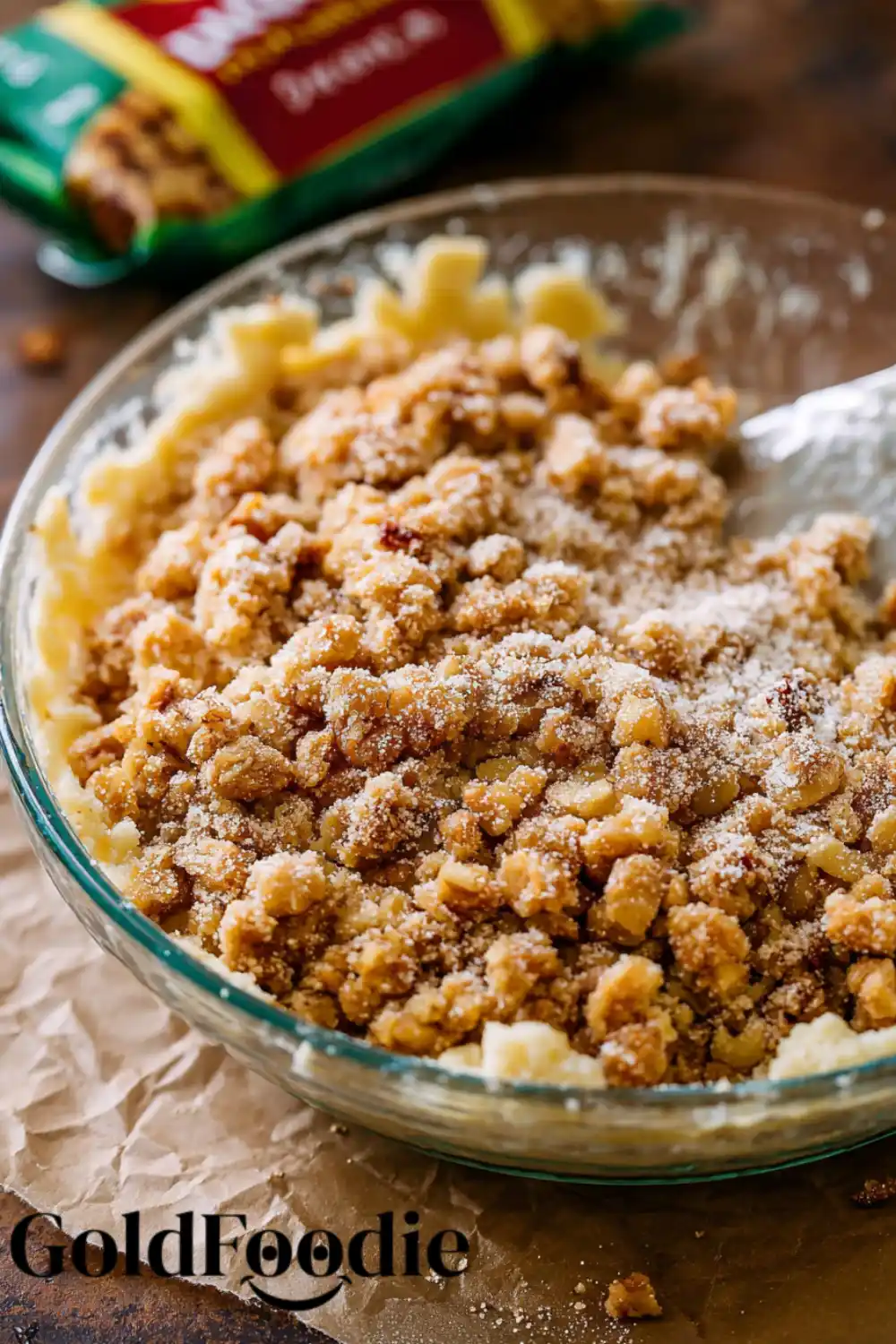 Crumble Topping in Bowl Streusel topping being mixed in a glass bowl