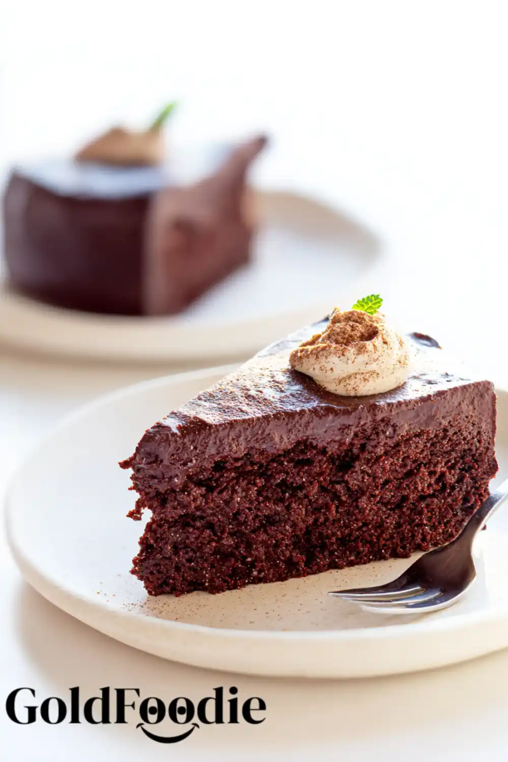 High Protein Chocolate Chia Cake 5 Chocolate chia cake slice topped with whipped cream and mint