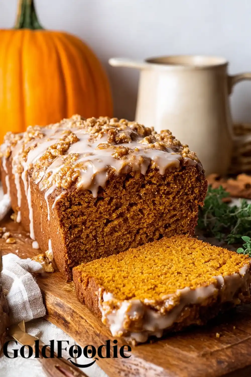 Diabetic-Friendly Baking Glazed pumpkin bread loaf with a slice cut