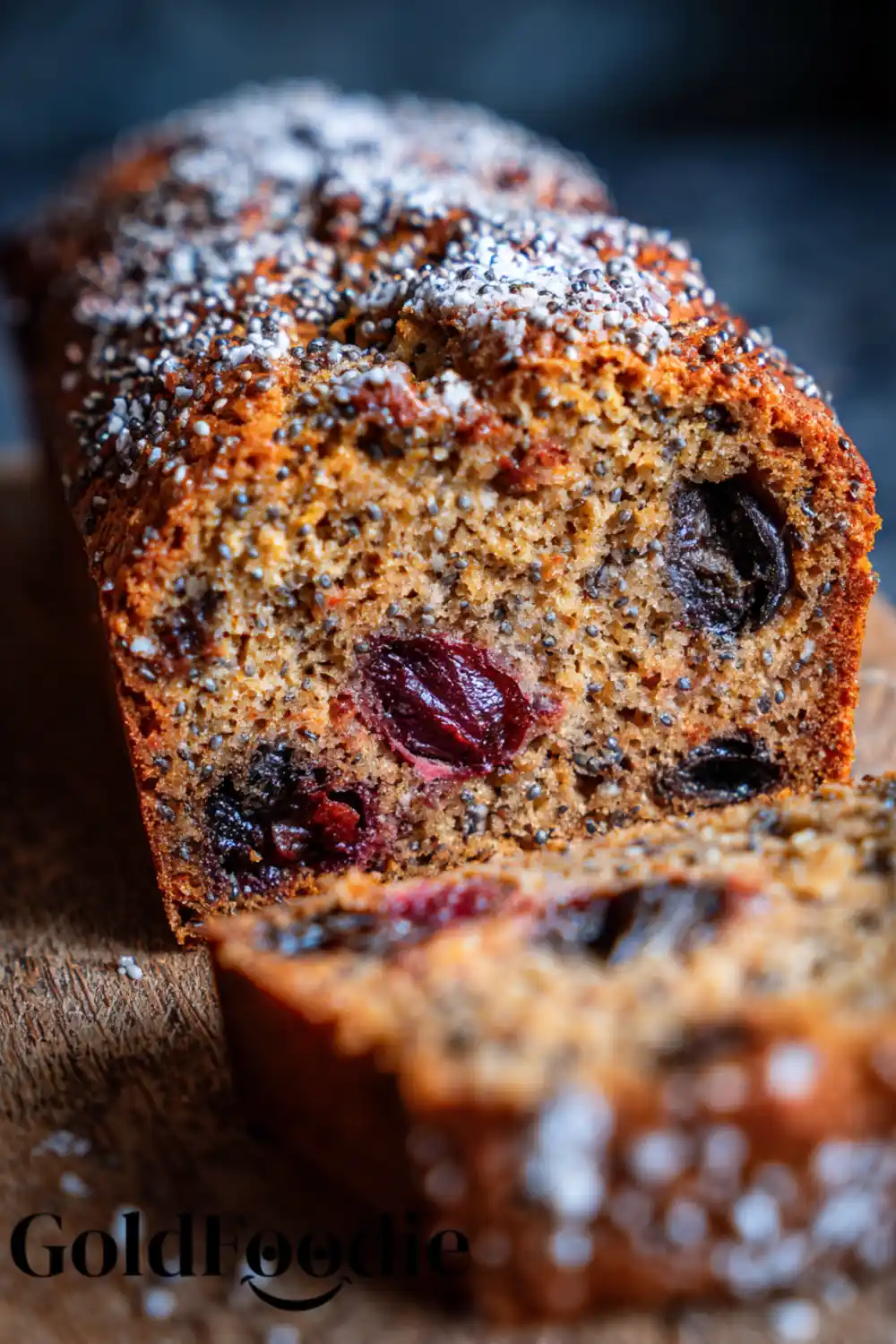 Dusty Cherry Chia Loaf Cherry chia seed cake dusted with powdered sugar