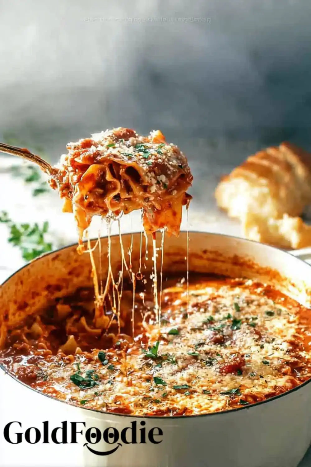 Dutch Oven Lasagna Soup Ladle lifting cheesy lasagna soup from Dutch oven