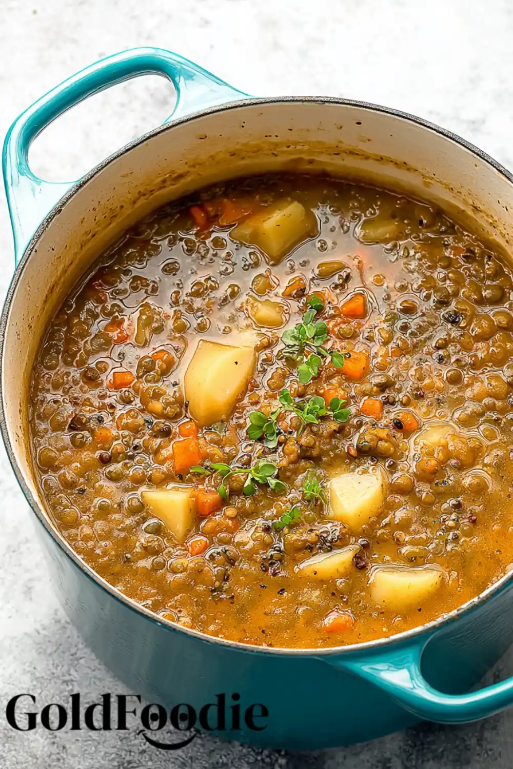 Dutch Oven Soup Lentil and potato soup cooking in a Dutch oven