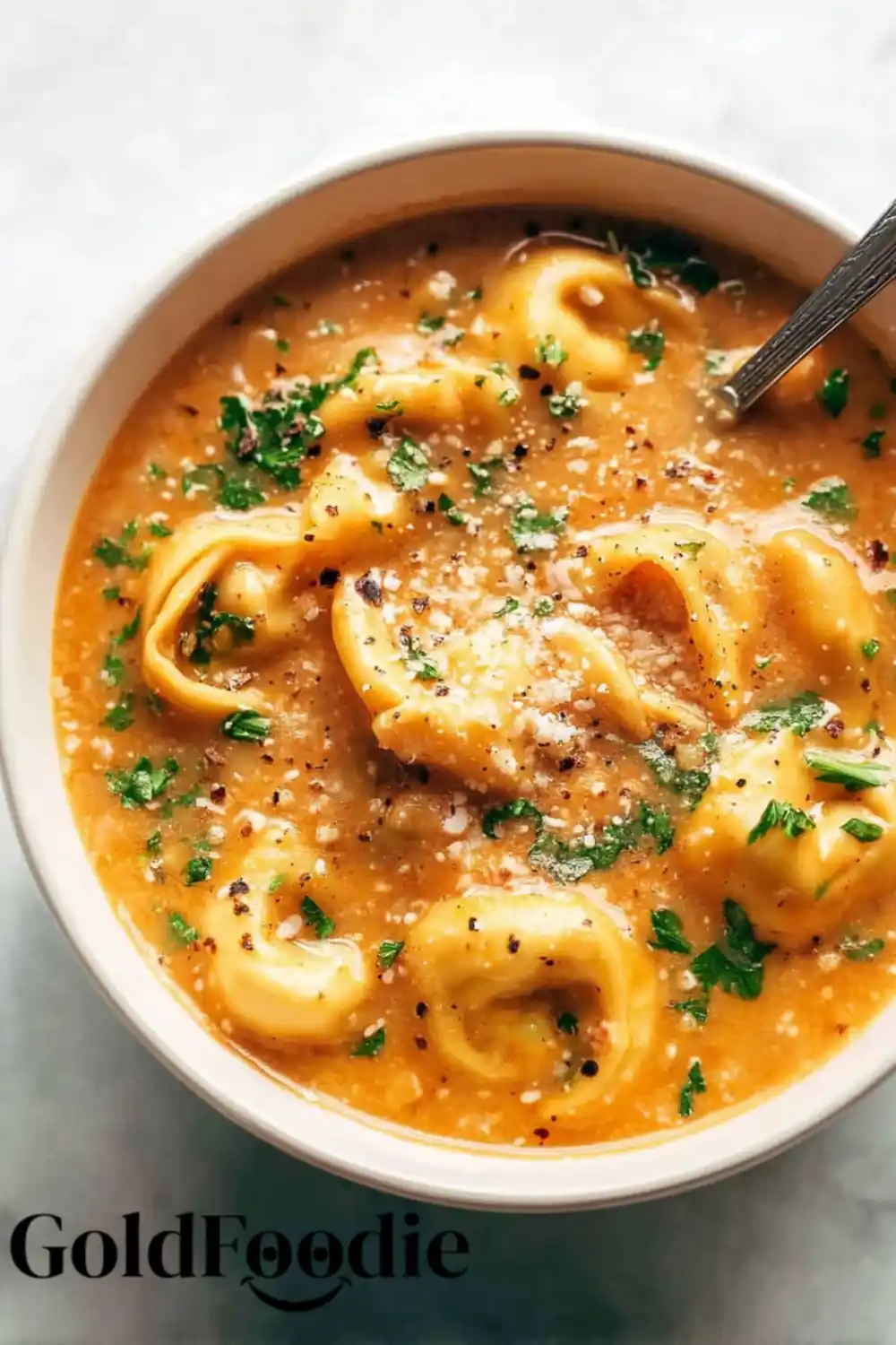 Finished Tortellini Soup Bowl Finished bowl of creamy tortellini soup topped with cheese and herbs