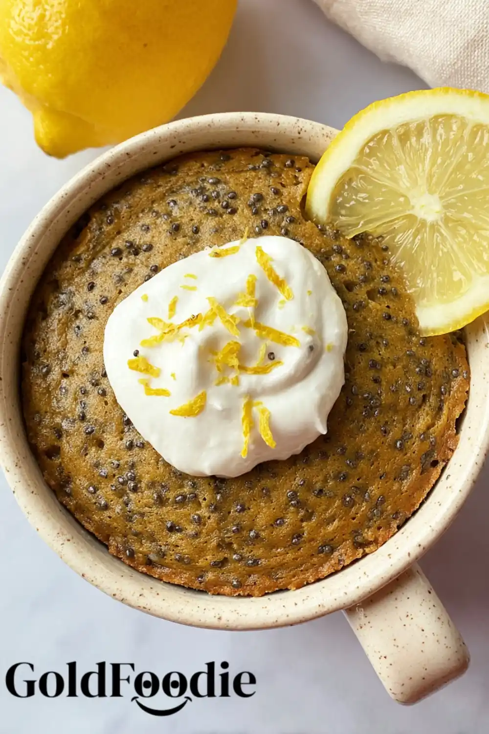 High Protein Chia Seed Mug Cake 5 Chia seed mug cake topped with whipped yogurt and lemon zest
