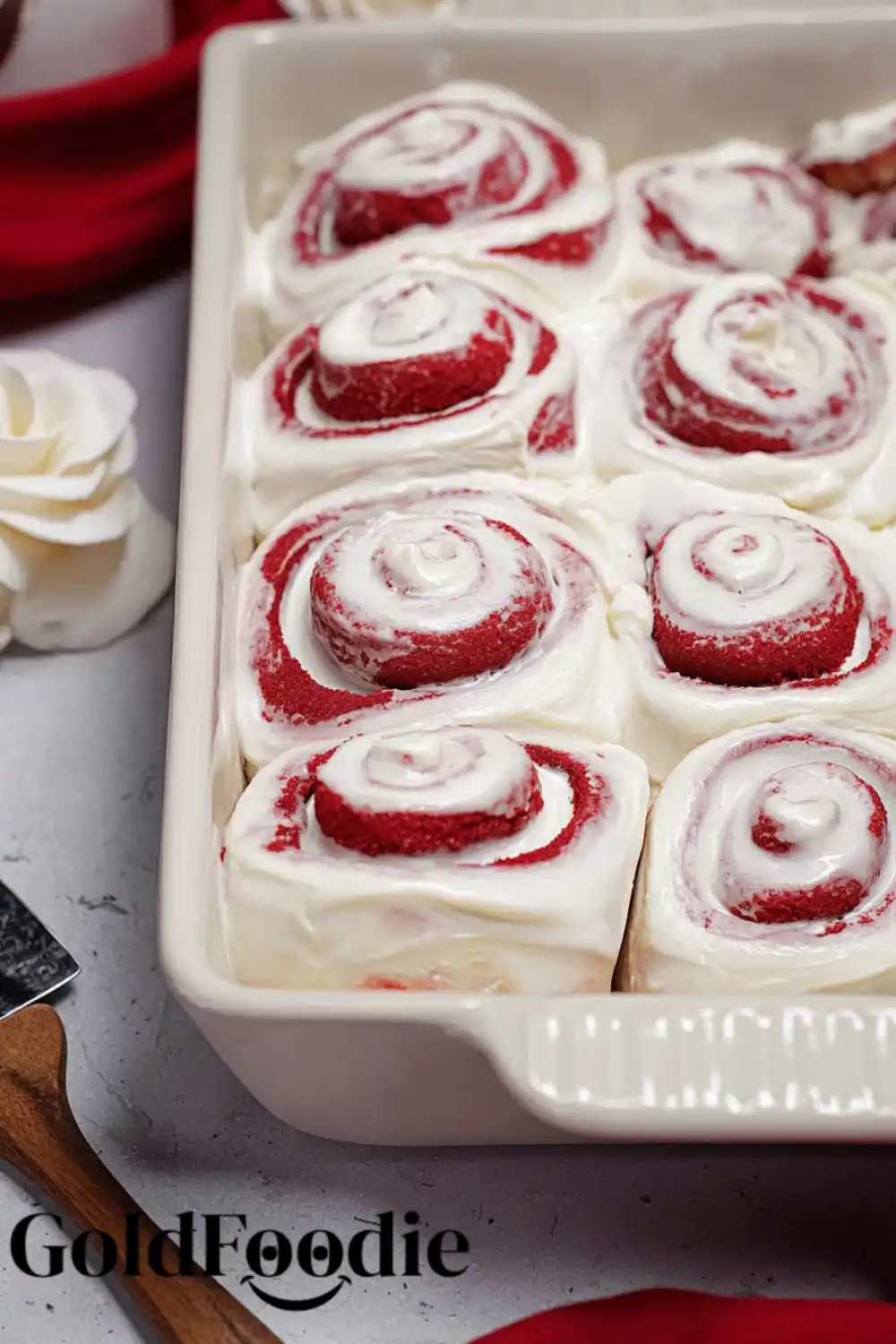 Fresh Baked Red Velvet Rolls Red Velvet Cinnamon Rolls in a white dish